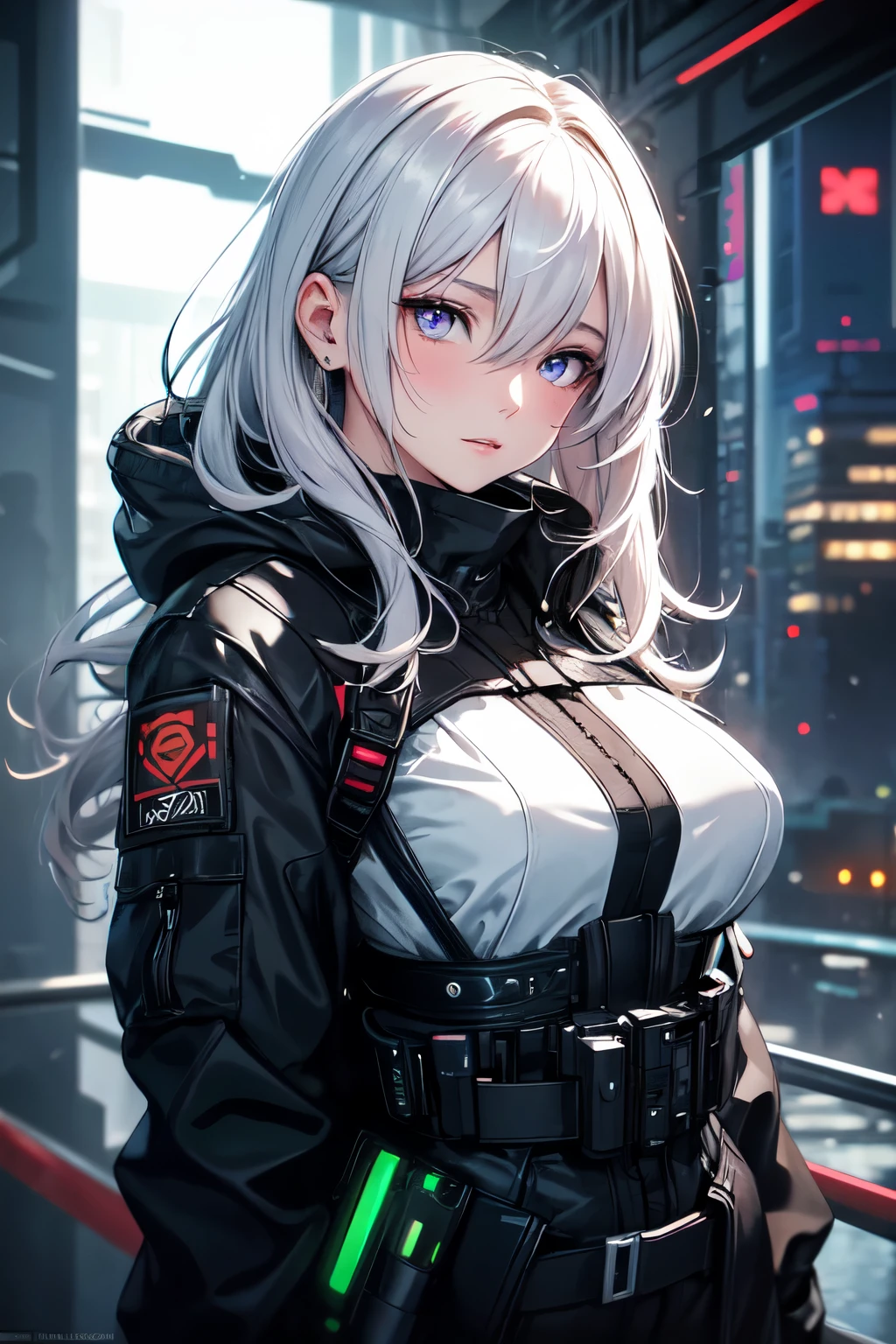 In the heart of the cyberpunk metropolis, a masterpiece of art emerges from the darkness. A mishoujo, clad in a sleek black jacket with a chest rig, stands before a window shade. Her white hair cascades over one eye, and her light purple eyes gleam with a subtle expressionless gaze. The scene is bathed in the soft glow of 4k, UHD pixels, as white particles dance around her, illuminating her finest details.

The pretty girl's beautiful eyes capture the essence of Impressionism, with delicate details that reveal the depth and richness of her expression. Her face is as intricately detailed as a canvas, each line and