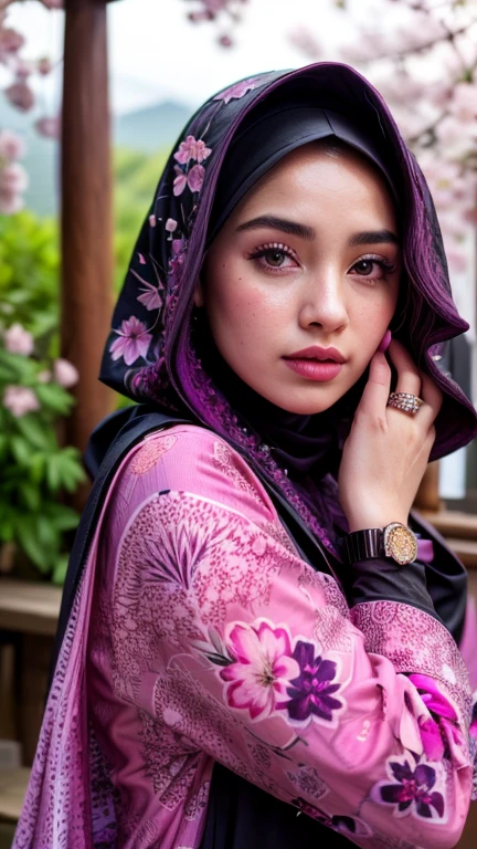 a gorgeous hijab girl in a fuchsia colour hijab, ((and a black gamis dress with abstract printed of pink and purple flowers)), in a misty mountains and in a clean crystal water, chubby, cherry blossom, necklace, bracelet, ring, detailed detail, real skin texture, realistic image, ultra sharp,