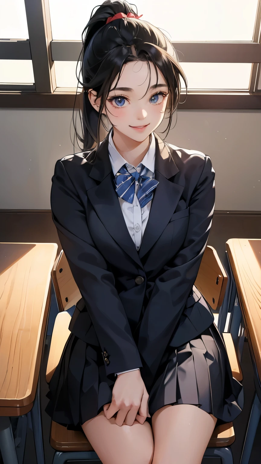 (perfect anatomy:1.2)(absurdres, highres, ultra detailed),Masterpiece,intricate details,Best quality,8k,Realistic face,anime girl,Realistic skin texture,magnified textures, stunning clarity, ultra detailed eyes and faces,tsurime,school girl in 21th century,japanese suburb,ponytail,15 years old, classroom, sitting on chair,near the window,look at viewer, ,blazer uniform,black hair,(smile:1.3),hopeful,cowboy shot,summer,running pose,baby face