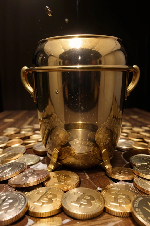 Some golden urns that are falling filled with a pile of bitcoins