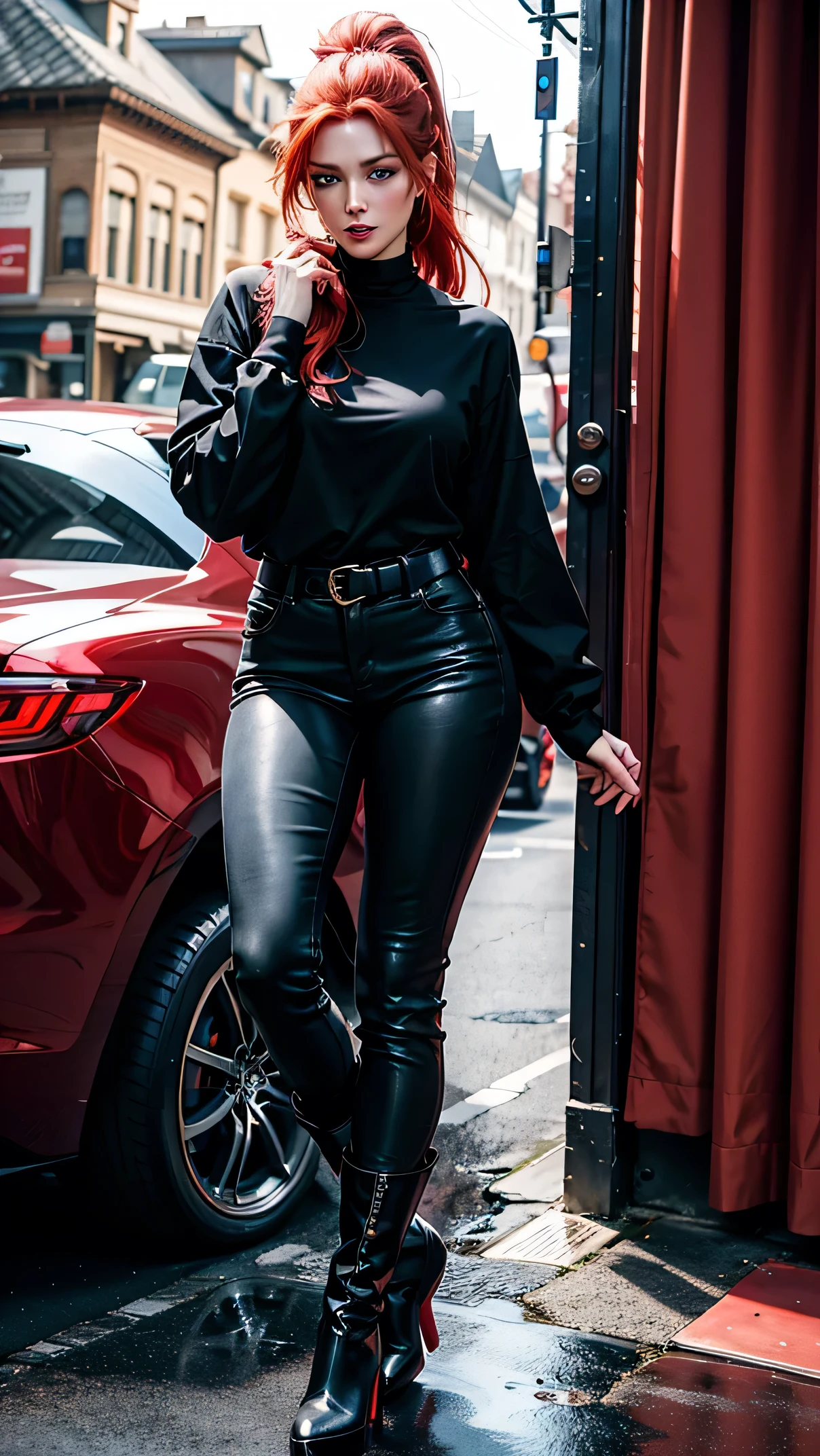 very beautiful red-haired woman, blue eyes, black t-shirt, ponytail, very beautiful, details, sad, 4K, face, 4k, pretty, sexy, house, Red rocker outfit, black boots with heels, black rock pants, beautiful, face, cute, girl, black tie, very beautiful face, red coat