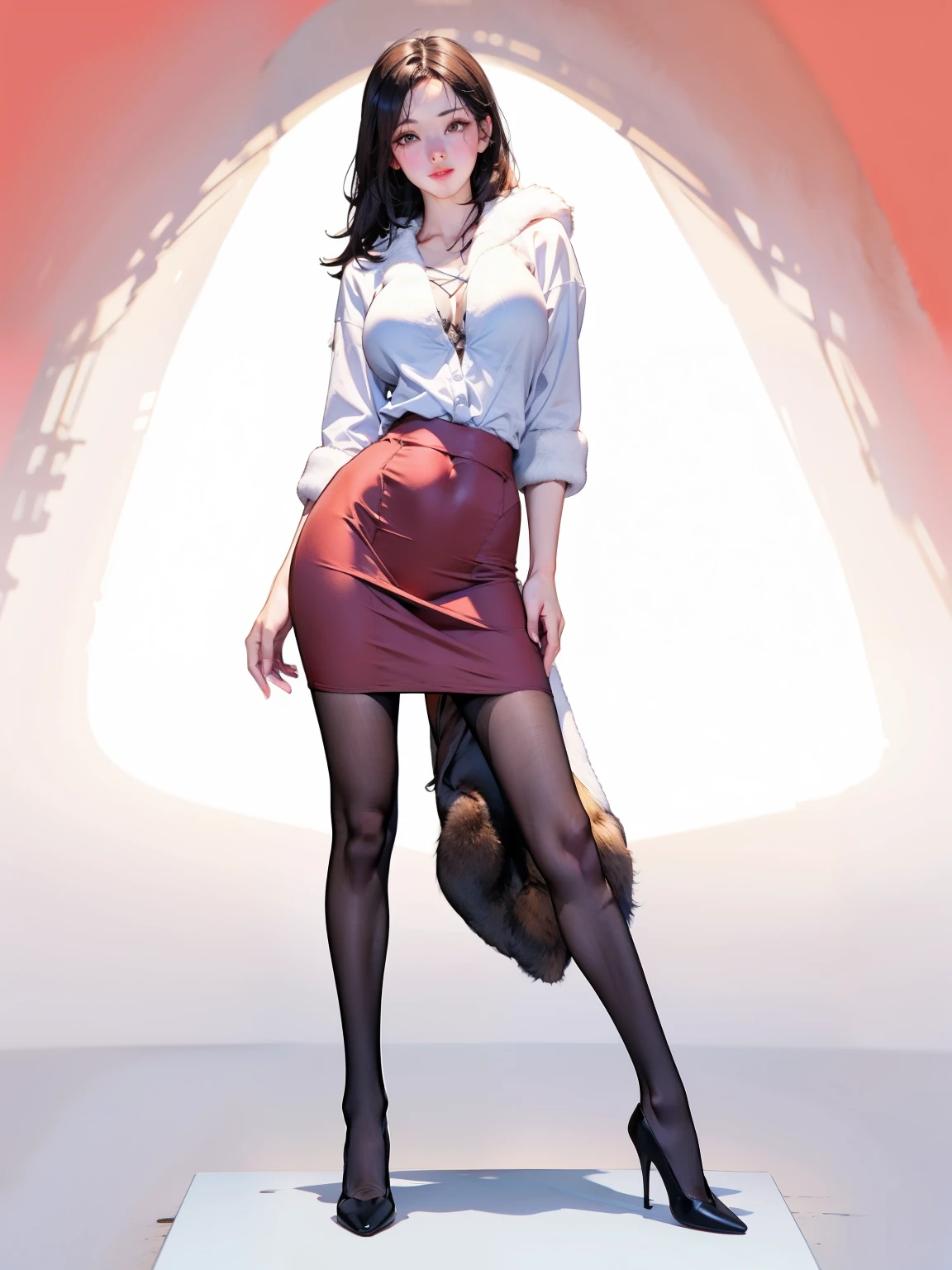 1 Girl,Solitary,Medium breasts,outdoor,(Thigh clearance:1.2),(Red background),(whole body:1.2),(White shirt:1.1),(Pencil Skirt:1.1),Ruan Yi 0241,Fur coat,, (masterpiece, best quality, Hiring, high resolution:1.2), (Extremely detailed, Practical, Intricate details, high resolution), 3D, CG,  Fat woman, Glowing skin, , blush,, Eyeliner, Eyeshadow, eyelash,, (Big Breasts, Sagging breasts:1.1), (Movie Lighting, Sunlight, Volumetric), Looking at the audience, , vintage fantasy, 1960s \(style\), Film Grain,