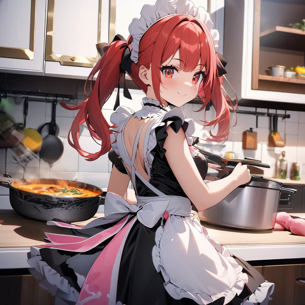High quality, high definition, hig
h precision images,8k 1 girl、red hair,Twin tails,Red eyes.(robot style red and white barrette)、((white and pink frills luxurious maid outfit))、cute and colorful kitchen,cooking in a pot Holding a kitchenware ,back view,Look back and smile,