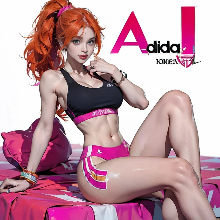 NSFW, (masterpiece:1,2, best quality), (magazine cover), (colorful Magazine cover abundant with text), vibrant, eye-catching paintings, Comic cover style, glamorous, enticing, stylish, chic, high-fashion, captivating, elegant, trendy, fashionable, radiant, attention-grabbing, dazzling, sophisticated, stunning, dramatic, bold, Featured is an European Ginger Girl, a 20-year-old beauty from a Hong Kong-Malaysian background who's a beauty pageant winner and a cheerleader at Florida State University, ((She embodies the girl-next-door charm with her radiant smile and friendly demeanor)), ((Her physique boasts a slim, athletic frame, with an hourglass figure, waist, elongated, toned legs, ample, peachy derrière, and well-sculpted muscles)), (((Her C-cup size breasts and flat abdomen further accentuate her active lifestyle))), ((Her skin tone is a radiant mix of natural fairness and American sun-kiss)), and her makeup is minimal, highlighting her natural beauty, (((She wears a tight-fitting Nike sports bra and matching leggings that highlight her toned physique, paired with a pair of comfortable Adidas sneakers))), perfect for a gym session yet trendy enough for a casual outing, Her Steve Madden platform sandals add height and are easy to slip on and off at the gym, She carries a JanSport classic backpack, perfect for a gym day, emphasizing her natural beauty, and she wears pink lip gloss, (Her ginger hair is styled in a high ponytail), adding to her gym-ready look, She wears a simple bracelet and ring from Pandora, and a gold belly chain from Forever 21 to highlight her flat abdomen and add a sexy touch to her look, reinforcing her outgoing personality, The occasion is a workout session at her local gym, (exceptionally detailed:1.3).