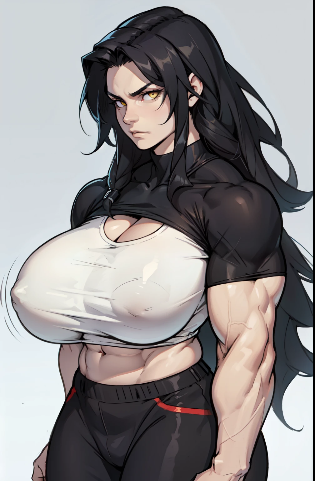 ((1 girl)), extremely long hair, solo, ((muscular)), veins, black hair, yellow eyes, pale skin, strong, veins, abs, ((((huge breasts)))), sulking tight shirt