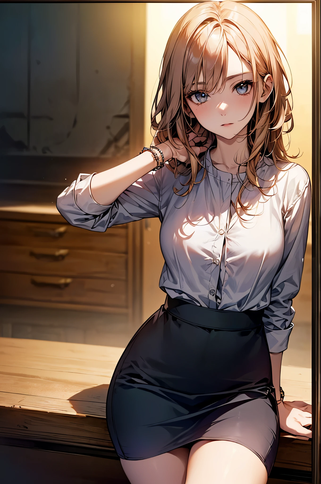 ((Biologically correct limb count))、(( whole body including face))、4K、Masterpiece、((Focus on the face))、((Symmetrical, well-proportioned facial features))、Eyes with delicate depictions、(((1 person)))、Beautiful woman、Outstanding style、Slender Body、(High heels with anklets、Shiny Stockings)、(((shirt、Checked skirt)))、(((White frame photo)))、((Looking up))、Shy、(((Standing in the desert、Sit upright)))、(((Close-up photo of the upper body)))、High angle、night、