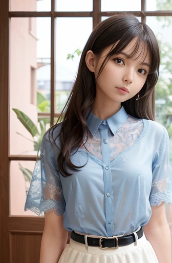, 1girl in, Extremely cute, Amazing face and eyes, (Beautiful lovely smile), (extremely detailed beautiful face), bright and shiny lips, Super beautiful, (unbuttoned sheer School blouse:1.3), (Best Quality:1.4), (hyper quality), (Ultra-detailed), (Hyper-realistic, Photorealsitic:1.37), Authentic skin texture, Highly detailed CG integrated 8k wallpapers, RAW Photos, professional photograpy, Cinematic lighting,