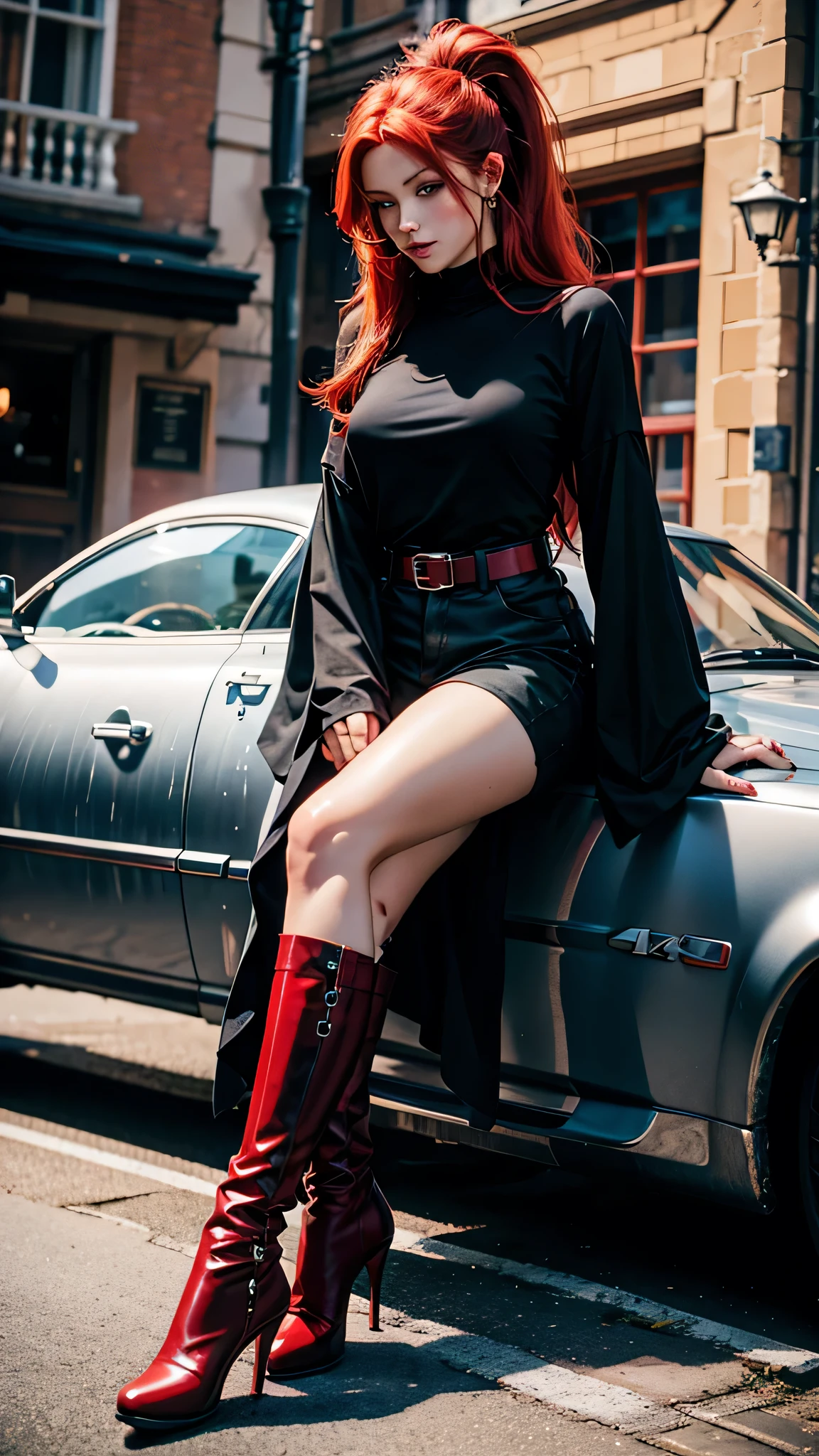 very beautiful red-haired woman, blue eyes, black t-shirt, ponytail, very beautiful, details, sad, 4K, face, 4k, pretty, sexy, house, Red rocker outfit, black boots with heels, black rock pants, beautiful, face, cute, girl, black tie, very beautiful face, red coat
