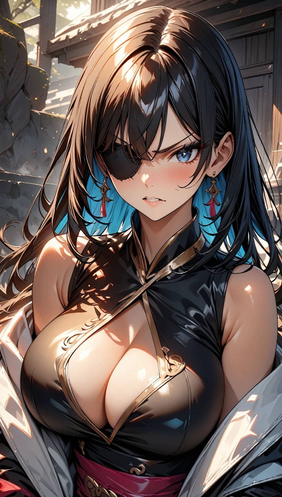 (highest quality:1.2, Very detailed, up to date, Vibrant, Ultra-high resolution, High Contrast, Super Detail, masterpiece:1.2, highest quality, Best aesthetics), (((1 girl))), Beautiful woman, (scowl:1.2), Big Breasts, (Large Breasts), Detailed skin texture, Detailed cloth texture, Detailed face, Detail Eye, Smoke a cigarette, Black eyepatch,