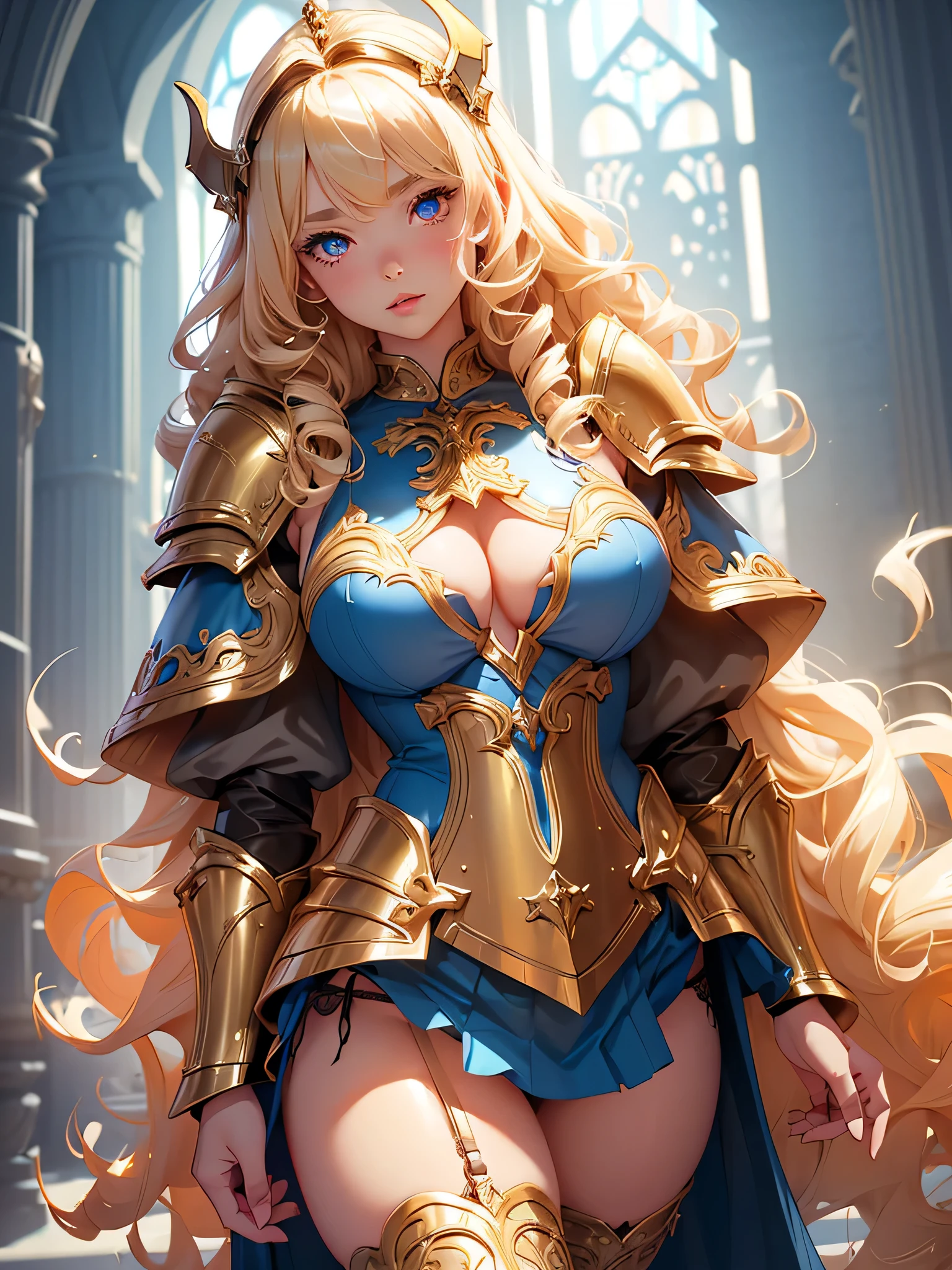 (1 girl),panty shot,cameltoe,garter belt,seductive young woman, beautiful,large breasts,full body,standing, (long blonde curly hair, curly bangs),big blue glowing eyes,pale skin,lips, (ornate fantasy paladin armor, gold accents),(holding ornate longsword),(side-tie panties),fantasy cathedral,embarrassed,black collar