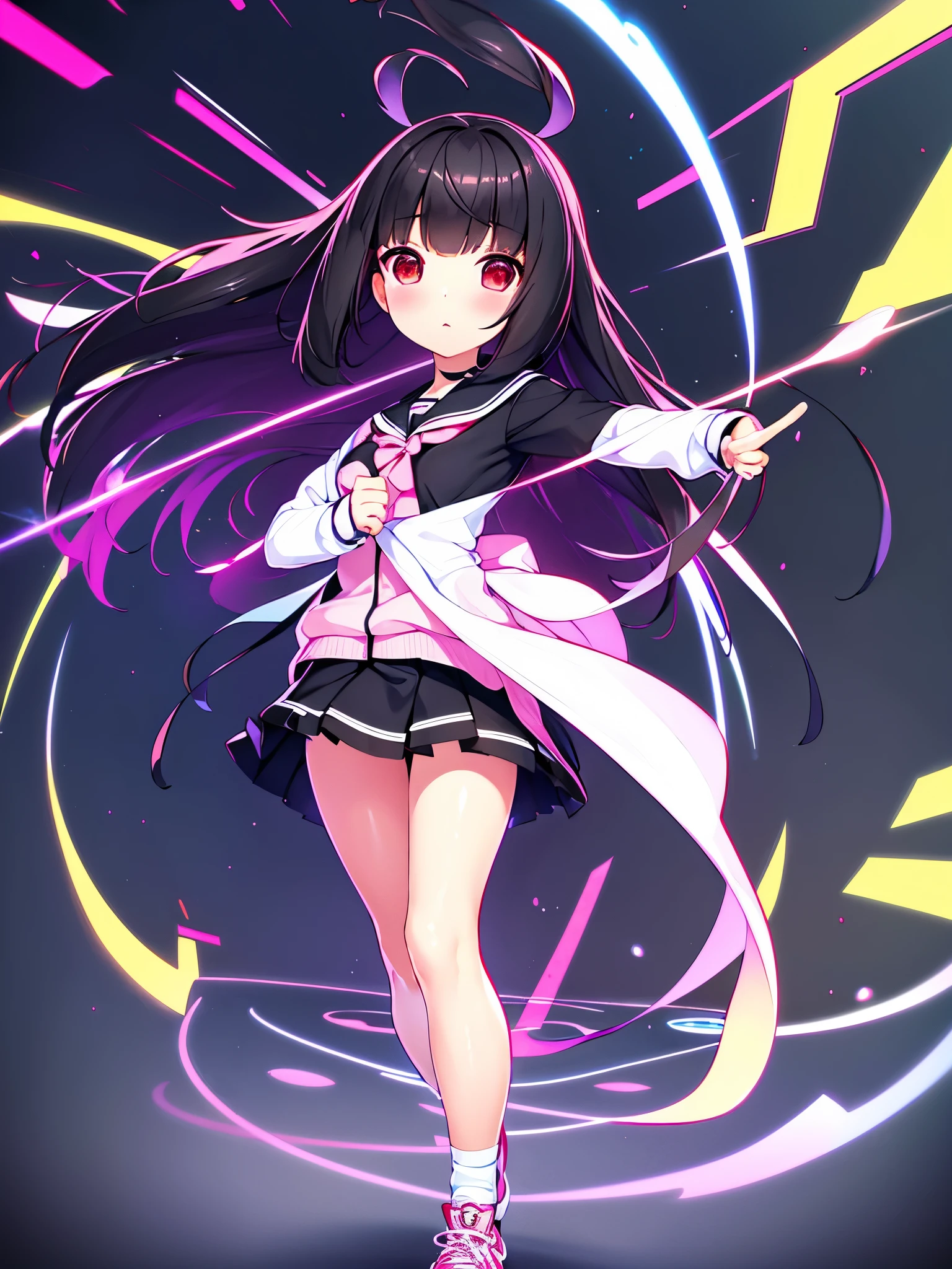 beautiful girl incredible quality 4k vtuber with red eyes black hair con cinta rosa  Short pleated skirt long sleeve sailor style blouse long white stockings pink tennis shoes with black vtuber youtuber en habitación estudio de grabacion pc gamer de fondoi con micrófono y luces LED rgb cyberpunk 