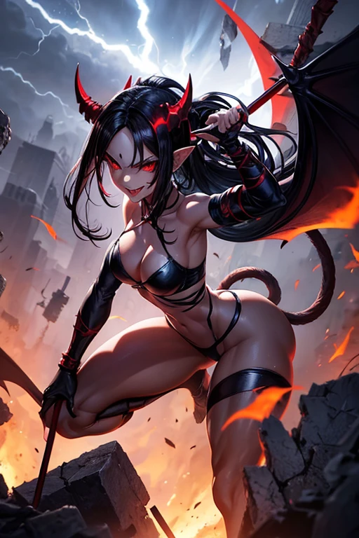 Draw Lana Hot, an anime-style female character.  straight black hair with a ponytail, thin eyebrows, burning eyes, vampire teeth with a mouth open in a sarcastic smile.  succubus horns on the head and thin tail with a spear tip and long demon wings.  small and firm breasts, thin waist, big ass, athletic body.  sexy naughty demon armor.  open arms with red energy balls in hands in sexy battle position.  injuries all over her body.  It is on top of the rubble of war-torn buildings.  night sky with strong lightning.  seen from the bottom up showing all her sexual beauty within the limits of sensuality.