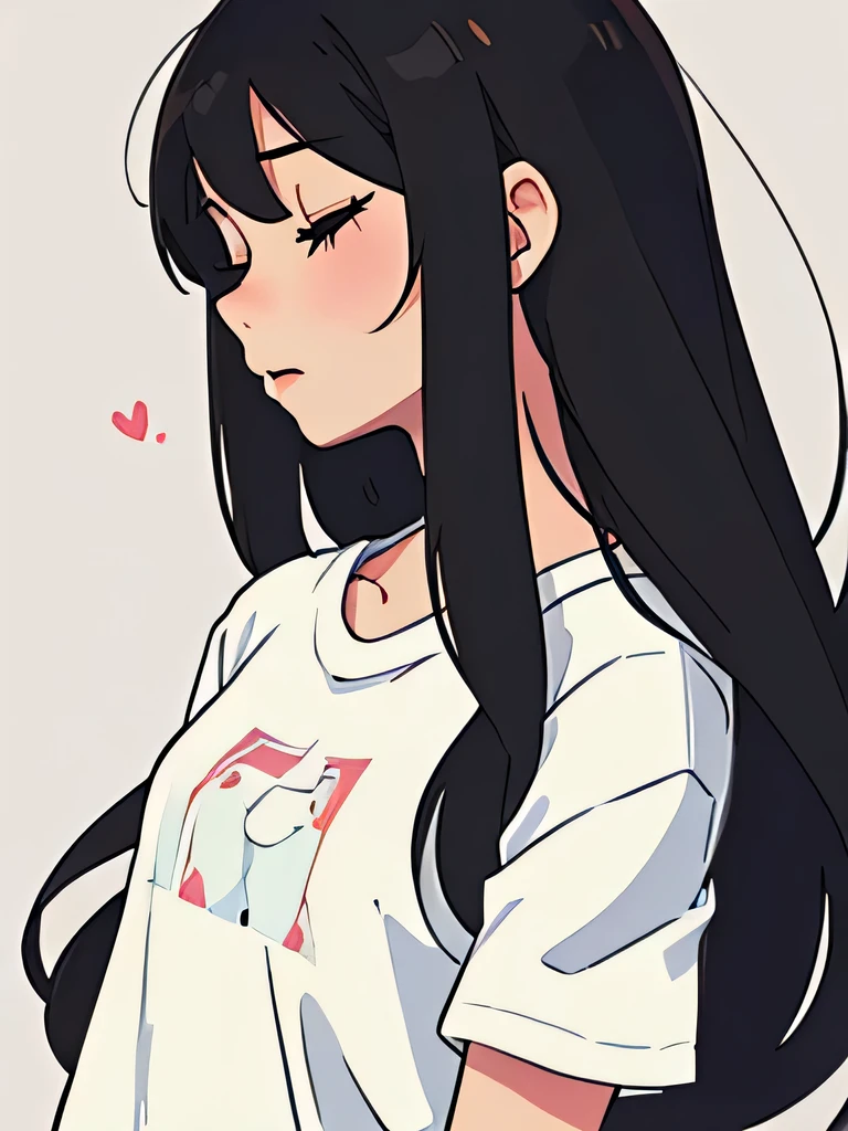 perfect anime illustration ,side view illustration of a girl having long black hair, wearing a t-shirt, lovingly, kissing a boy on his lips, eyes closed