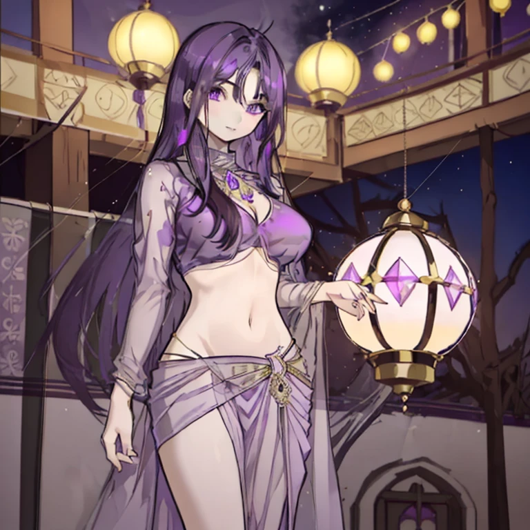 1 girl,Purple Hair,Long Hair,Purple Eyes,Sharp Eyes,Mature,Ample breasts,dress,gorgeous,Arabian costumes,Belly button,Wear a saree,Arabian Princess,gem,turkish lamp,Night Bazaar,Lots of lamps,exotic