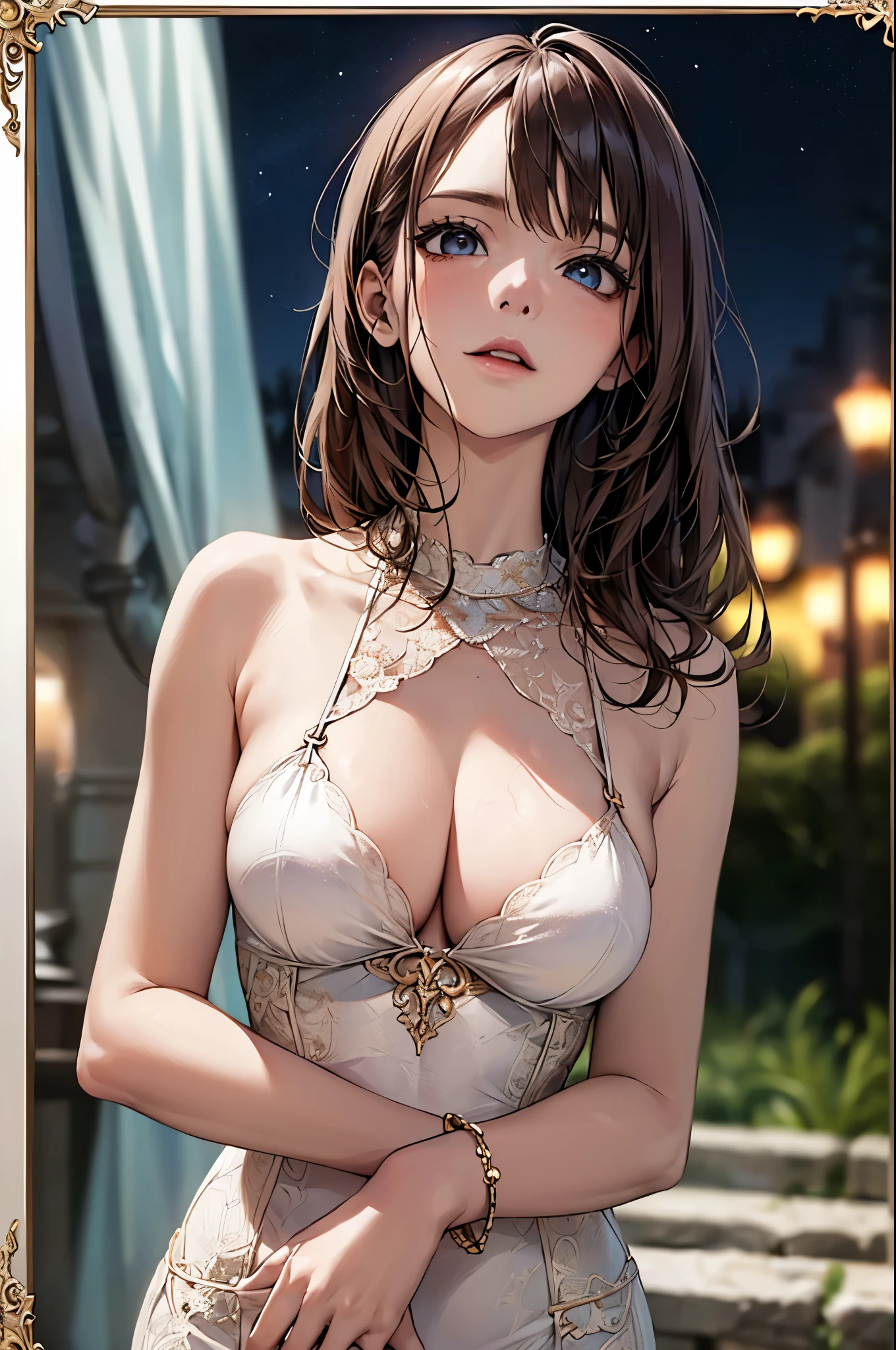 ((Biologically correct limb count))、(( whole body including face))、4K、Masterpiece、((Focus on the face))、((Symmetrical, well-proportioned facial features))、Eyes with delicate depictions、(((1 person)))、Beautiful woman、Outstanding style、Slender Body、(High heels with anklets、Shiny Stockings)、(((Halter neck dress)))、(((White frame photo)))、((Looking up))、Shy、(((Scene during fitness)))、(((Close-up photo of the upper body)))、High angle、night、