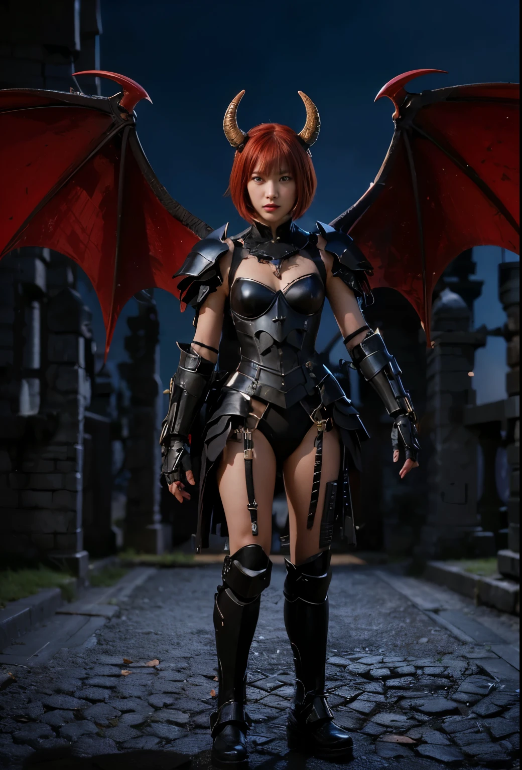 (masterpiece, best quality:1.2), (8k uhd, 16k, 32k, ultra high res), (photorealistic:1.37), (RAW photo), ultimate-realistic, ultimate-realistic details, ultimate-realistic texture, ultimate-intricate details, ultimate-realistic lighting, ultimate-realistic shadow, japanese girl, ultimate-cute face, ultimate-RAW skin, ultimate-realistic eyes, (mechanical:1.4), (armor), full body, wide shot, Evil organization, demons, horns, bat wings, red hair, bob cut, mechanical armor, reddish-black skin, red eyes, flying with Satanic castle in background