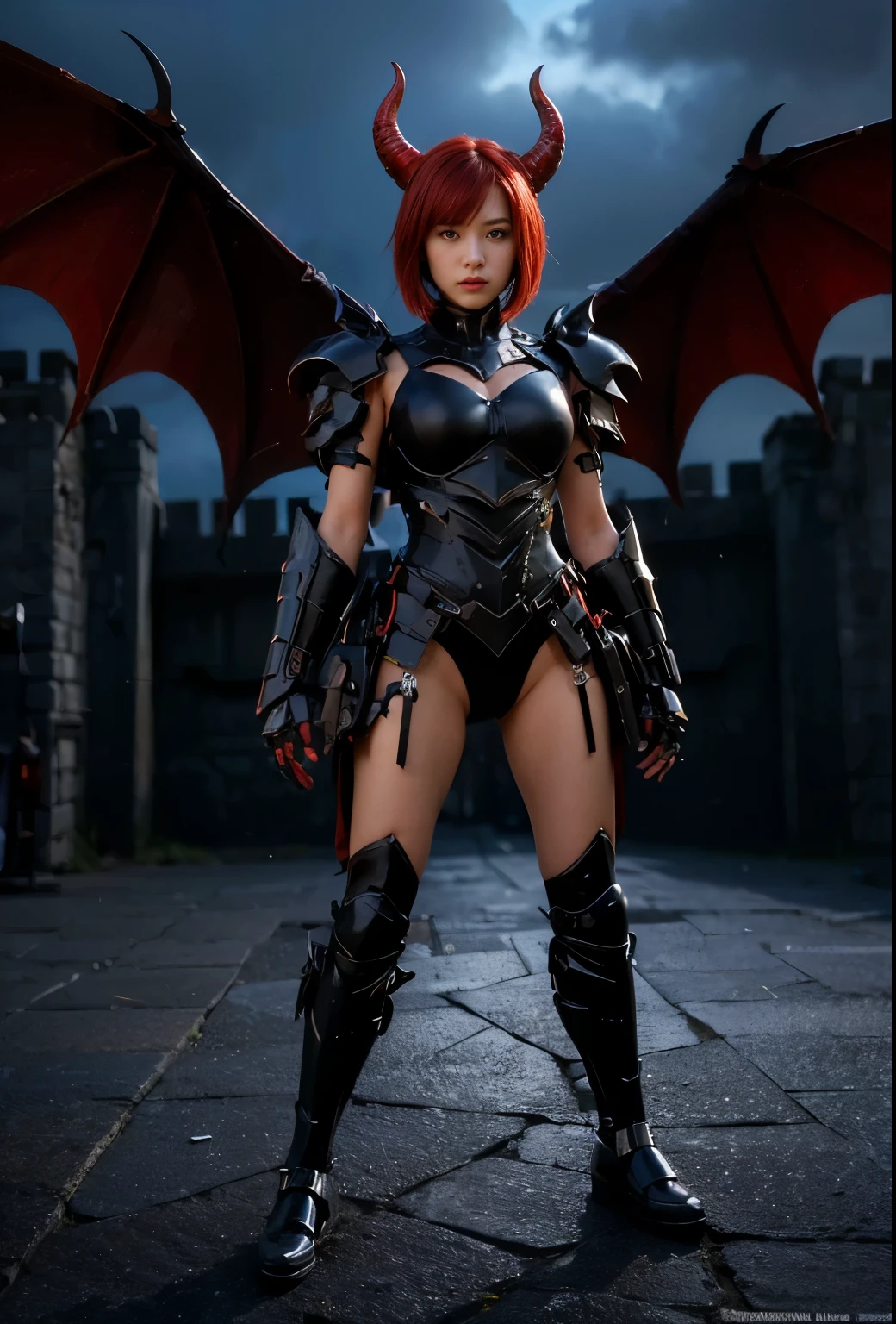 (masterpiece, best quality:1.2), (8k uhd, 16k, 32k, ultra high res), (photorealistic:1.37), (RAW photo), ultimate-realistic, ultimate-realistic details, ultimate-realistic texture, ultimate-intricate details, ultimate-realistic lighting, ultimate-realistic shadow, japanese girl, ultimate-cute face, ultimate-RAW skin, ultimate-realistic eyes, (mechanical:1.4), (armor), full body, wide shot, Evil organization, demons, horns, bat wings, red hair, bob cut, mechanical armor, reddish-black skin, red eyes, flying with Satanic castle in background