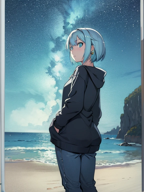 cute, masterpiece, highest quality, high resolution,,One girl standing on the beach, alone,Silver Hair, Small earrings Bob cut hair, casual,outside,Artistic,An illustration,Pants Style,Line art,Aqua Eye,night,look up,back,Seaside,Best lighting,A starry sky,Girl in a hoodie,