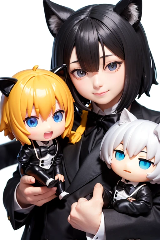 Black cat earsを付けた黒髪の若いmale, Short Hair, Black Suit, Black bow tie, Butler, looking at the camera, 2 heads, eyes in the style of Nendoroid, Nendoroid eyes, style as Nendoroid, water color Nendoroid, Nendoroid, Nendoroid 3 d, Nendoroid, He has a cute, expressive face, an anime Nendoroid of karl marx, male, male, 2 heads, 2 heads, Black cat ears, Black cat ears