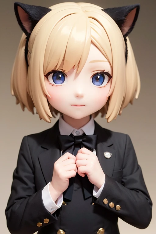 Black cat earsを付けた黒髪の若いmale, Short Hair, Black Suit, Black bow tie, Butler, looking at the camera, 2 heads, eyes in the style of Nendoroid, Nendoroid eyes, style as Nendoroid, water color Nendoroid, Nendoroid, Nendoroid 3 d, Nendoroid, He has a cute, expressive face, an anime Nendoroid of karl marx, male, male, 2 heads, 2 heads, Black cat ears, Black cat ears