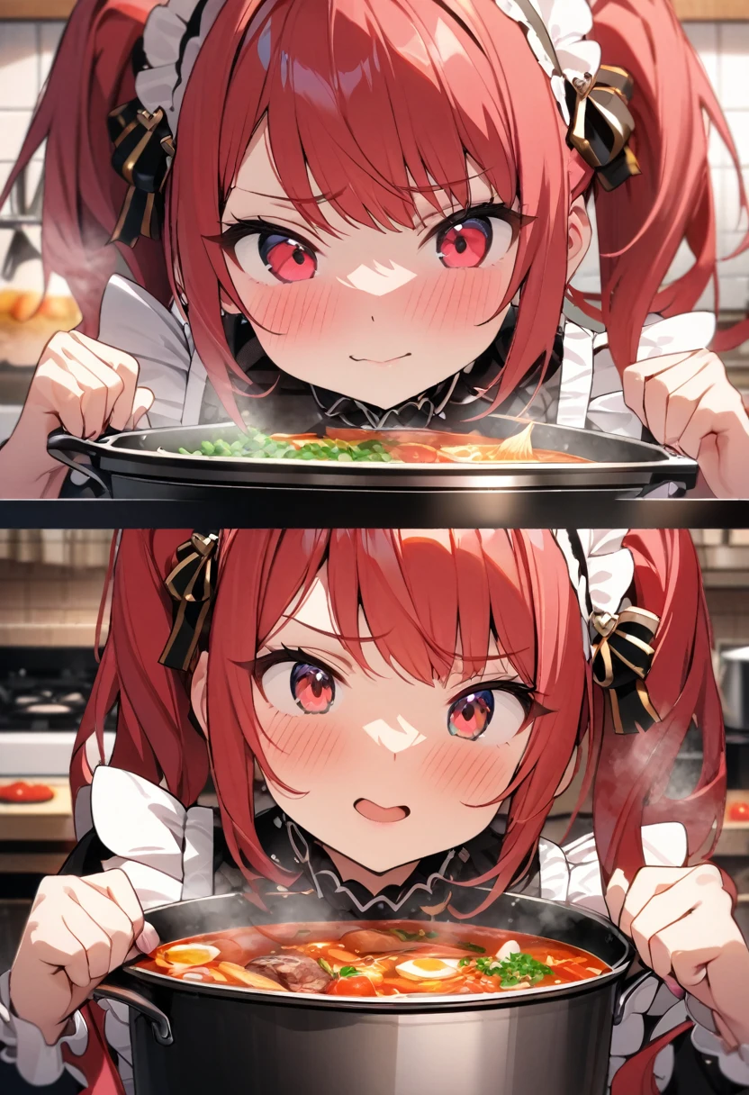 High quality, high definition, hig
h precision images,8k 1 girl、red hair,Twin tails,Red eyes.(robot style red and white barrette)、((white and pink frills luxurious maid outfit))、cute and colorful kitchen,cooking in a pot Holding a kitchenware ,Make a heart symbol with both hands toward the pot.hot pot close up