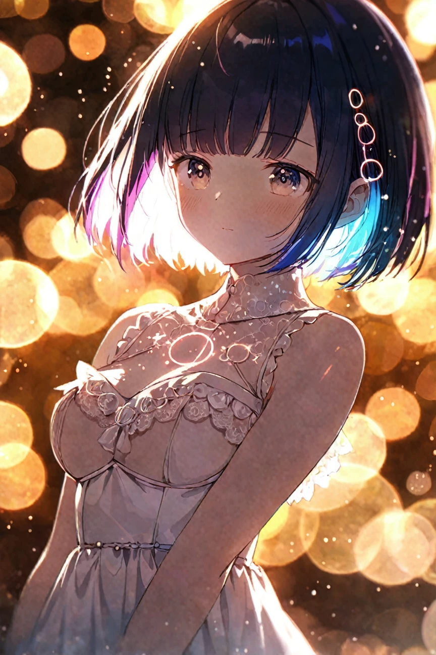 1girl,two-tone hair color, colored inner hair, very short hair, Bob with Bangs,bust-up shot,bokeh photography, (soft focus:1.2), out-of-focus highlights, dreamy ambiance, glowing circles, mesmerizing depth, ,