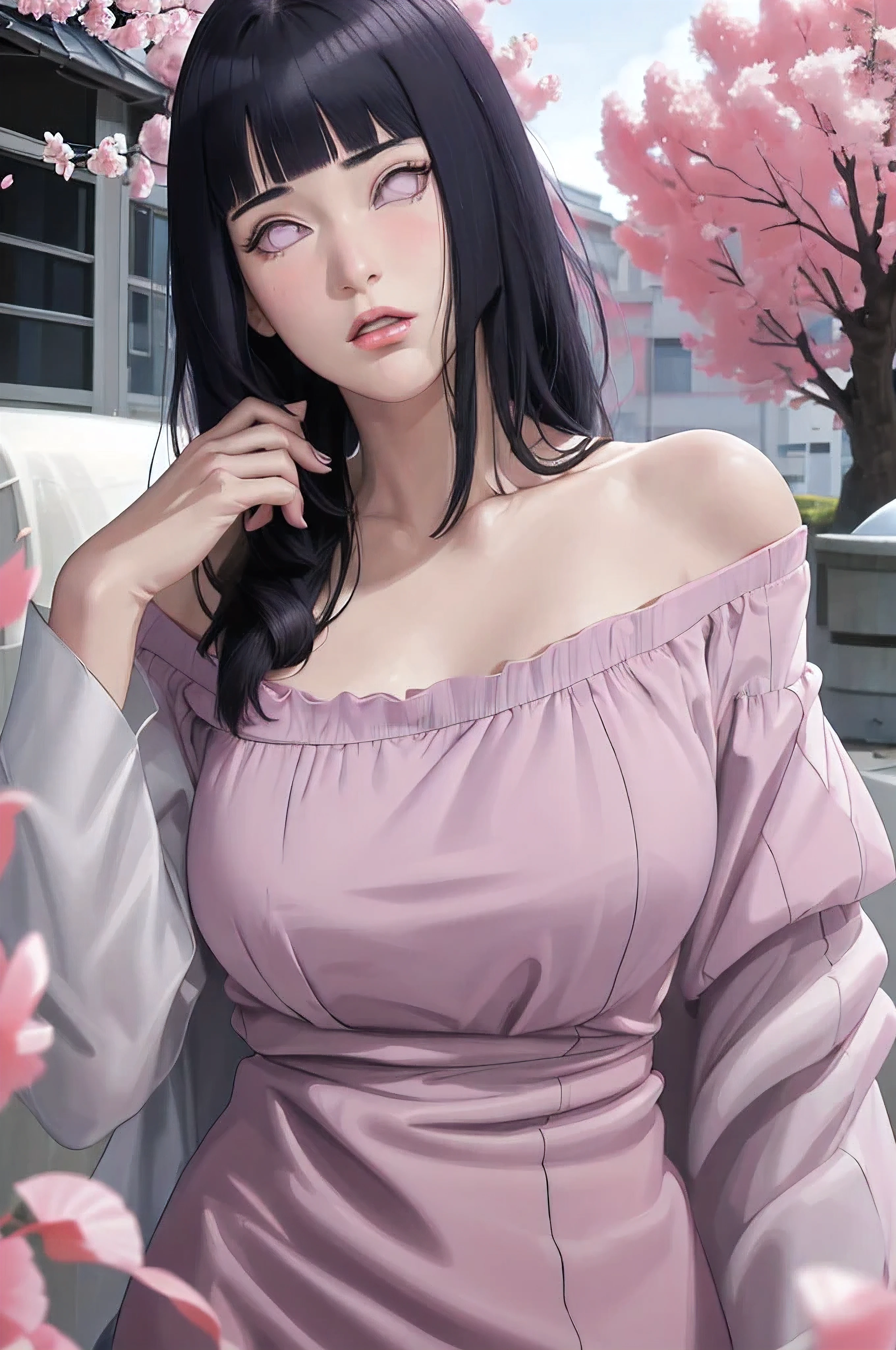 masterpiece, absurdres, hinata\(boruto\), 1girl, solo,mature female, off-shoulder oversized shirt, looking at viewer, (falling petals), perfect composition, detailed lips, big breast, beautiful face, body propotion, blush, (pink lips), long hair, purple eyes, soft gaze, super realistic, detailed, photoshoot, realistic face and body,
