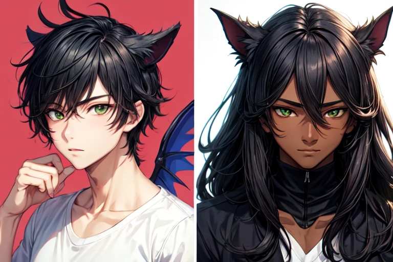 Human anime version, fusion of manticore and man, male, attractive, thin and elongated face, black hair, green eyes, dark skin complexion, athletic with shirt