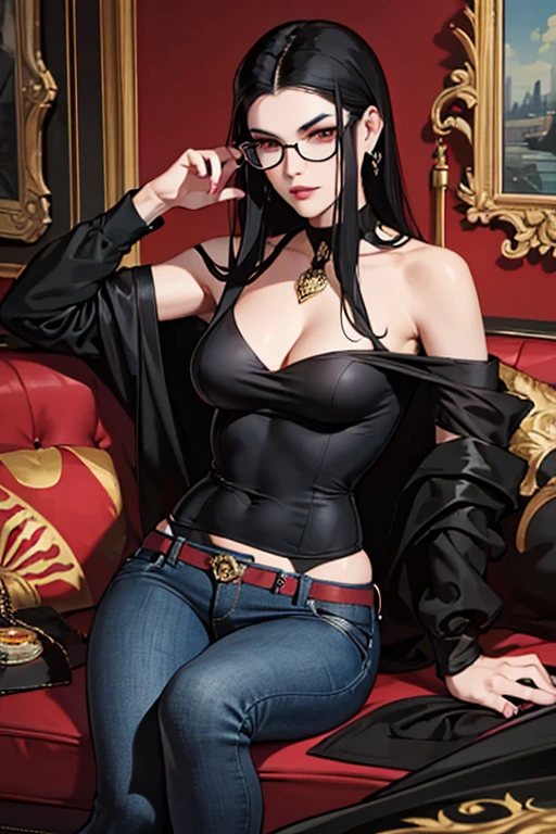 1vampira, shoulder-length black hair, olhos vermelhos, glasses, orelhas pontudas, thin lips, Rosto redondo, seios grandes, usando regata preta e jeans,sitting not sofa