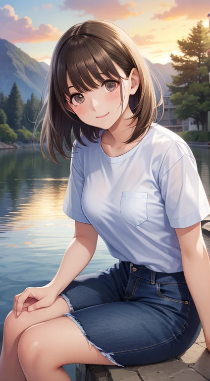 (highest quality, High resolution, masterpiece:1.3)
evening, sunset, girl, White shirt, Denim skirt, Realistic, Ultra-detailed, Slime-ified,
Sitting on the bank of a river, Hold your cheeks with both hands, Upper Body, Face Focus, Look at the viewers, Shiny brown hair, short hair, Brown eyes、smile、,
Dynamic light and shadows that break, High resolution, Sharp focus, Depth of written boundary, Detailed eyes,