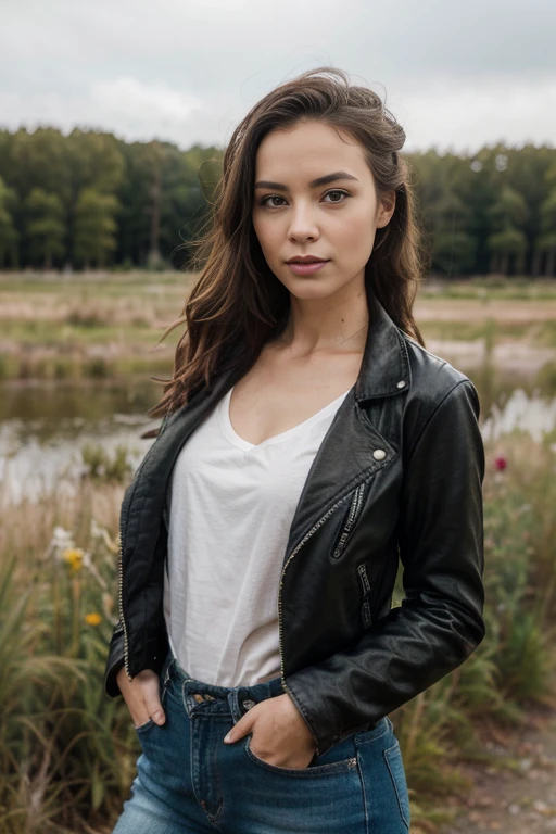 a woman, 25 year old, delicate, cheveux de longueur moyenne, cheveux bruns, skin details, pores de la peau, éclairé par les flashs des photographes, posing, photoshoot, dans une prairie américaine, tenue de biker, blouson en cuir, chemise en jean, dreadlocks