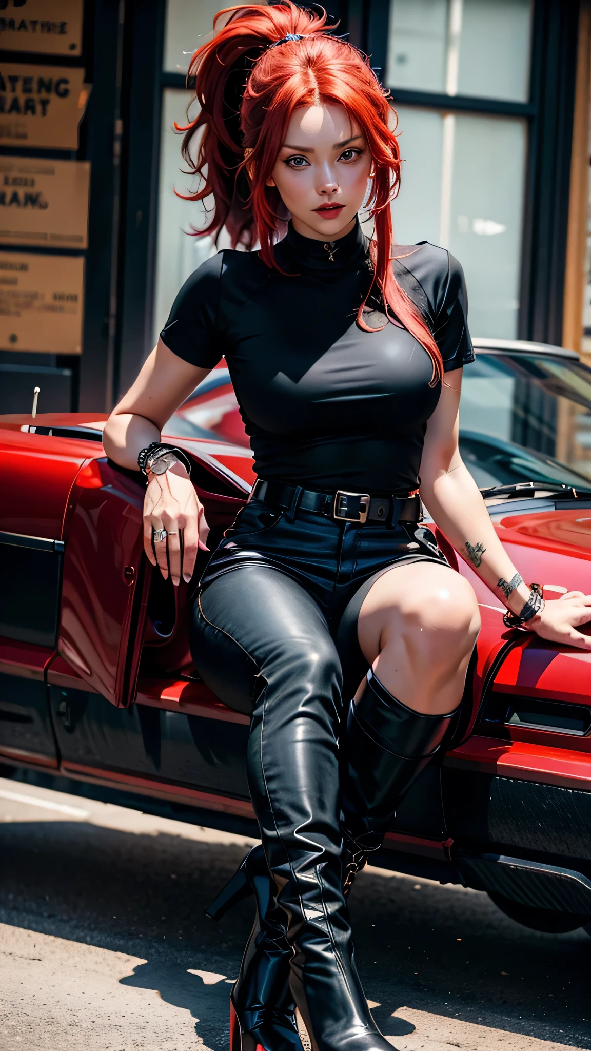 very beautiful red-haired woman, blue eyes, black t-shirt, ponytail, very beautiful, details, sad, 4K, face, 4k, pretty, sexy, house, Red rocker outfit, black boots with heels, black rock pants, beautiful, face, cute, girl, black tie, very beautiful face, red coat