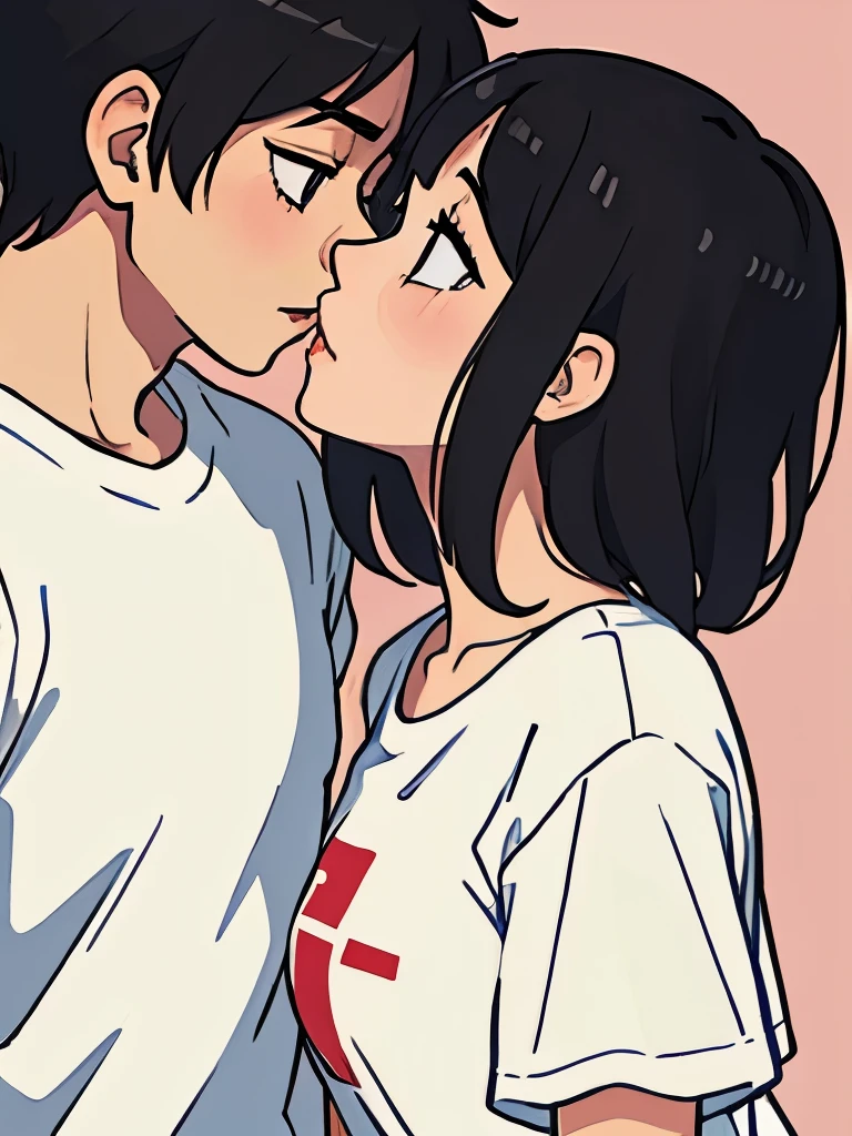 perfect anime illustration ,side view illustration of a girl having long black hair, wearing a t-shirt, kissing a boy of short hair, on lips
