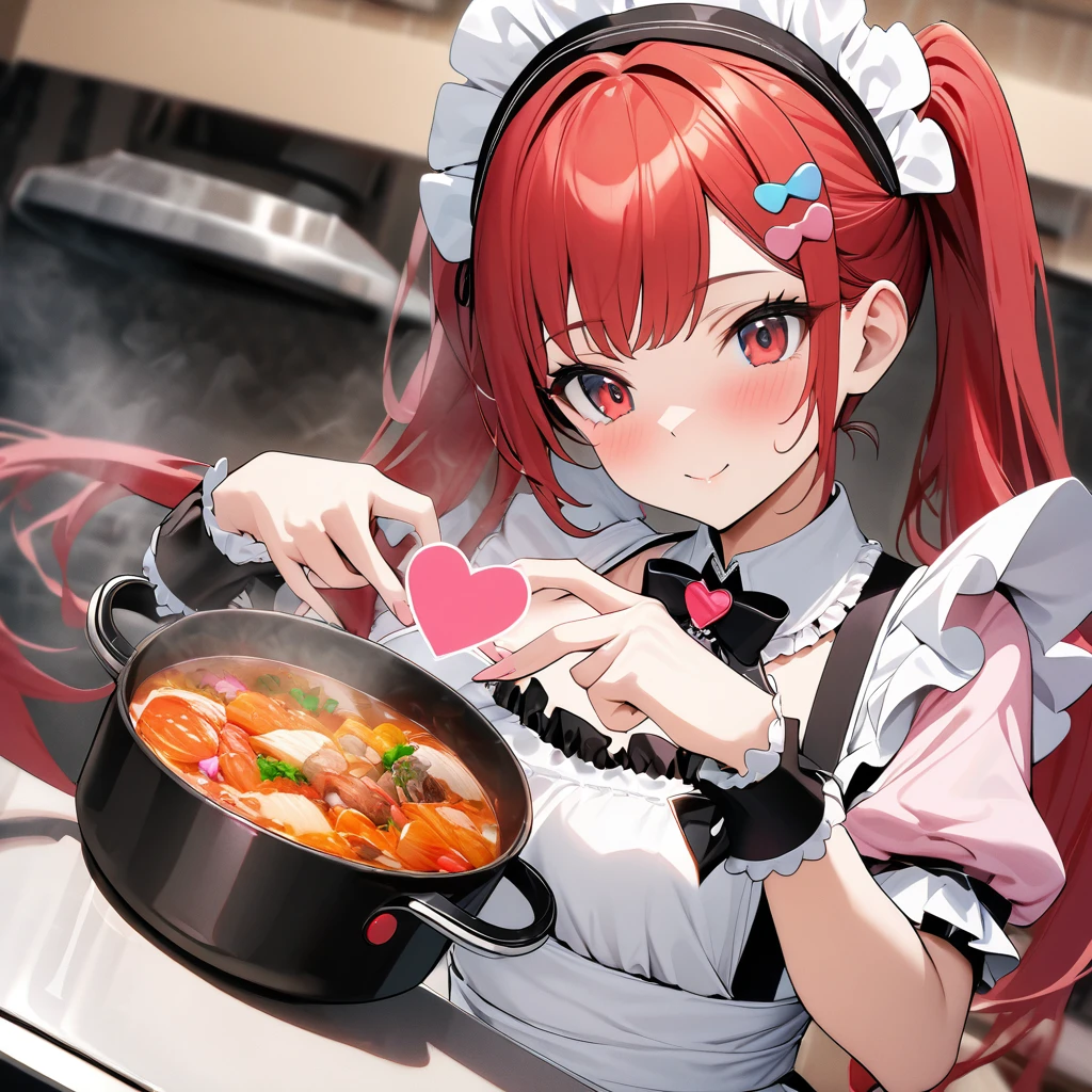 High quality, high definition, hig
h precision images,8k 1 girl、red hair,Twin tails,Red eyes.(robot style red and white barrette)、((white and pink frills luxurious maid outfit))、cute and colorful kitchen,cooking in a pot Holding a kitchenware ,(Make a heart symbol with both hands toward the pot.)hot pot close up