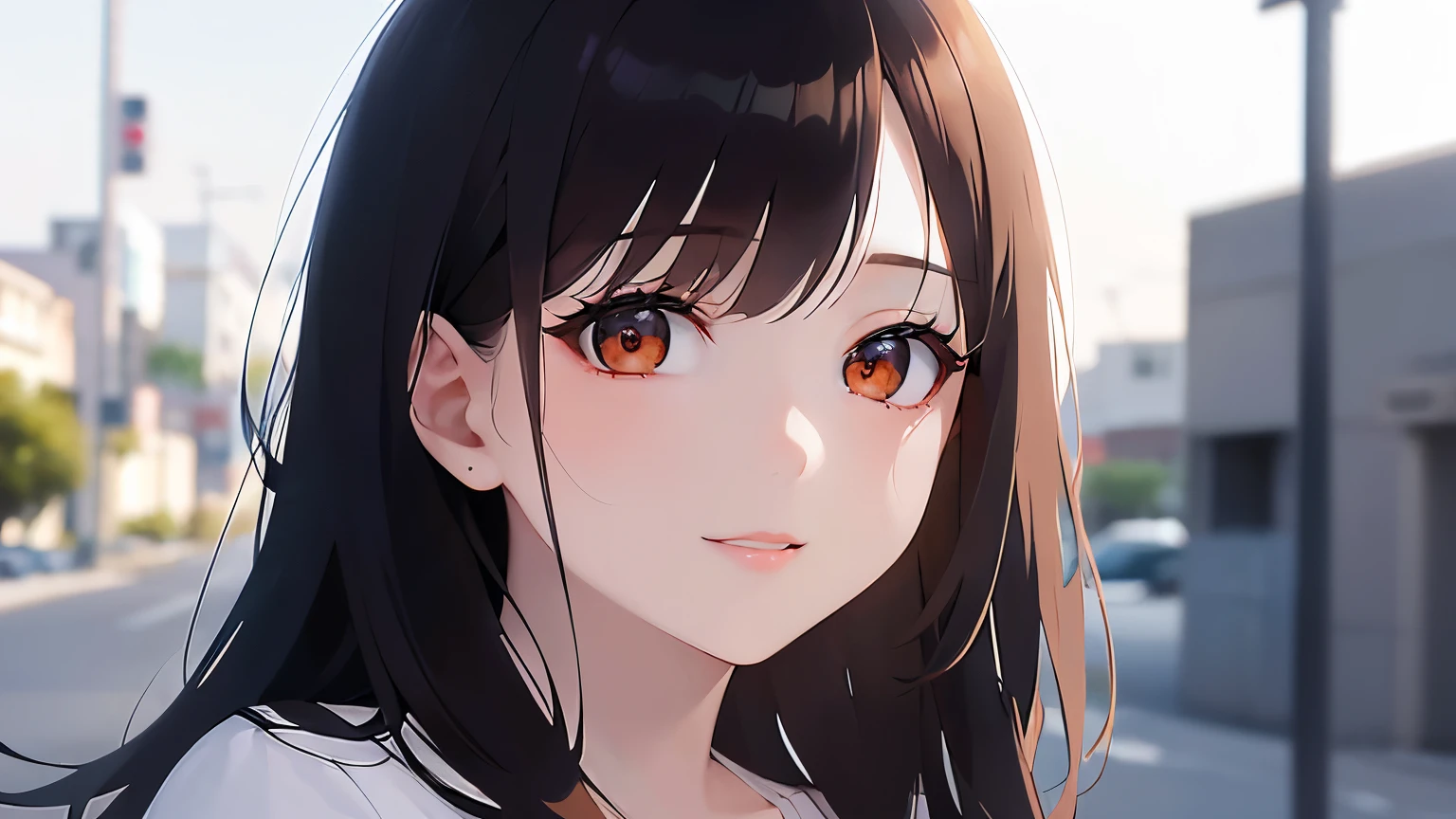 side angle、A close-up of your face、Cleavage、Realistic, real person, (pale skin: 1.2), RAW photo, photorealistic, shiny skin, shiny hair、(A 25-year-old woman with medium-length hair and bangs) and (wavy hair) and (brown hair) and (orange eyes) , (T-Shirts) and (white) 、smile, The background is a residential area、Alone、Are standing