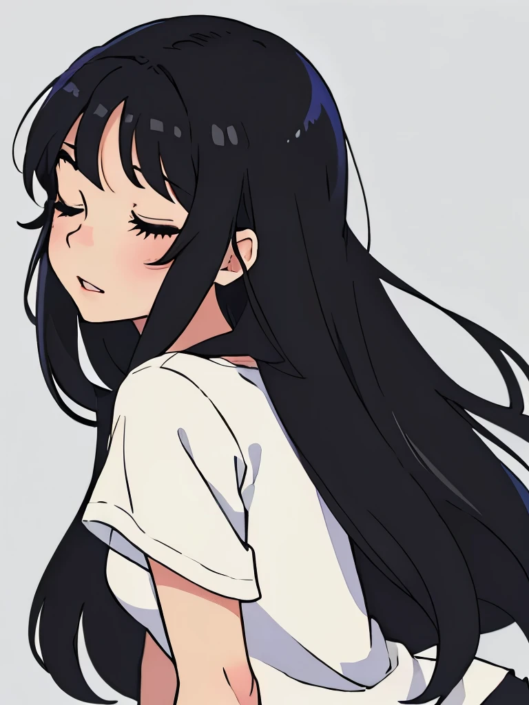 perfect anime illustration ,side view illustration of a girl having long black hair, wearing a t-shirt, lovingly, kissing a boy on his lips, eyes closed
