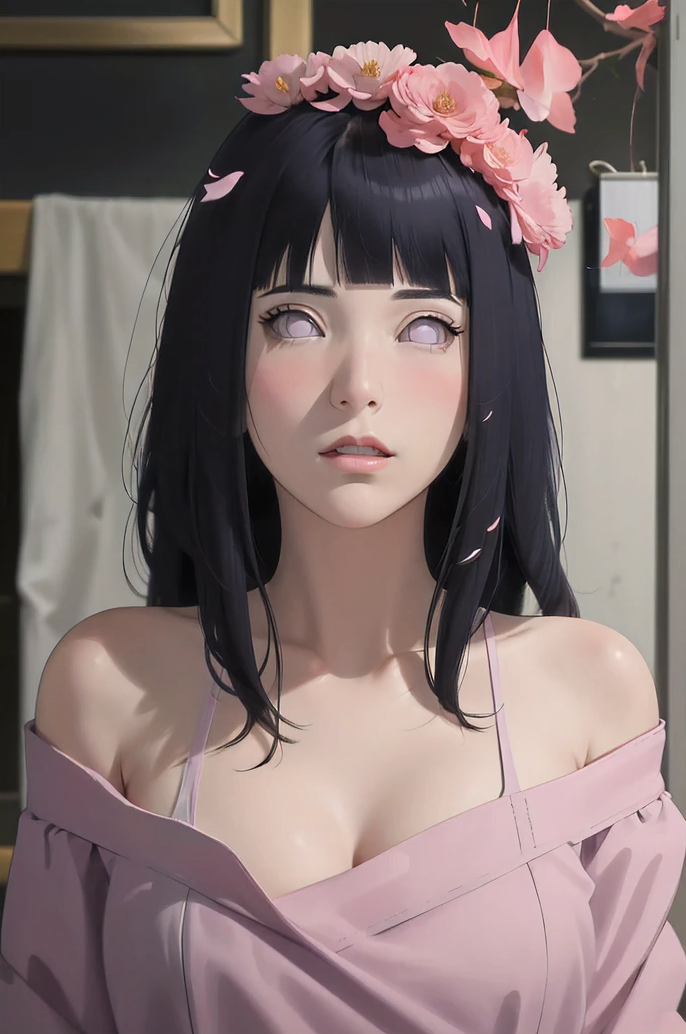 masterpiece, absurdres, hinata\(boruto\), 1girl, solo,mature female, off-shoulder oversized shirt, looking at viewer, (falling petals), perfect composition, detailed lips, big breast, beautiful face, body propotion, blush, (pink lips), long hair, purple eyes, soft gaze, super realistic, detailed, photoshoot, realistic face and body,