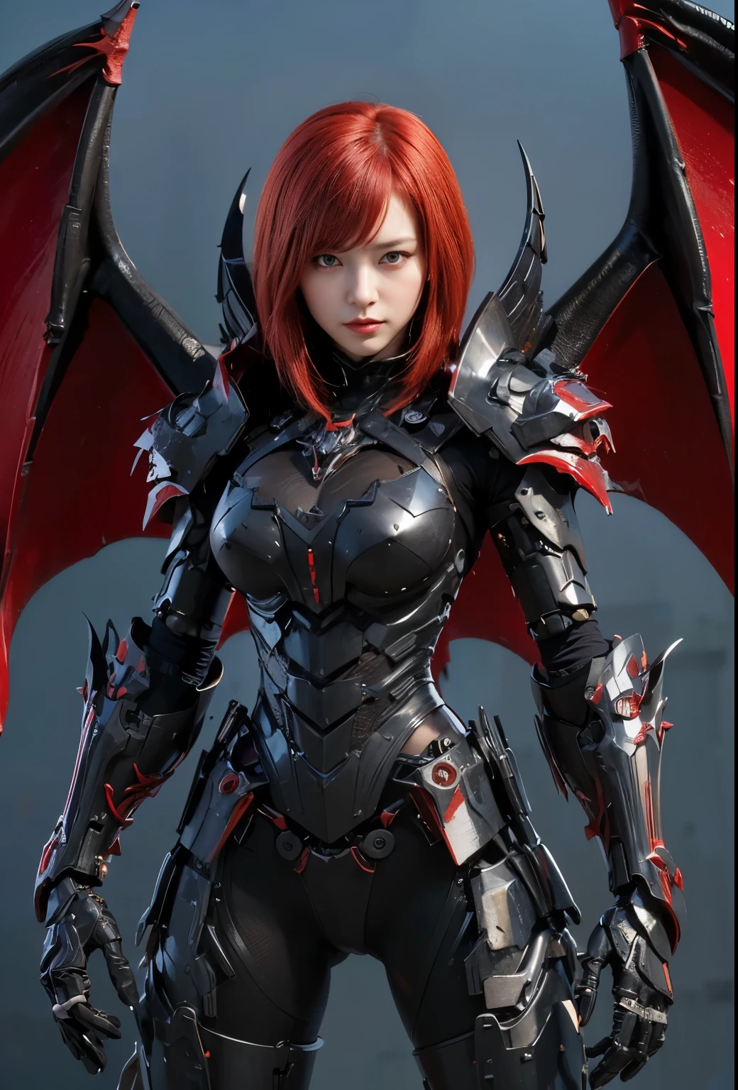(masterpiece, best quality:1.2), (8k uhd, 16k, 32k, ultra high res), (photorealistic:1.37), (RAW photo), ultimate-realistic, ultimate-realistic details, ultimate-realistic texture, ultimate-intricate details, ultimate-realistic lighting, ultimate-realistic shadow, japanese girl, ultimate-cute face, ultimate-RAW skin, ultimate-realistic eyes, (mechanical:1.4), (armor), full body, wide shot, Evil organization, demons, horns, bat wings, red hair, bob cut, mechanical armor, reddish-black skin, red eyes, flying with Satanic castle in background