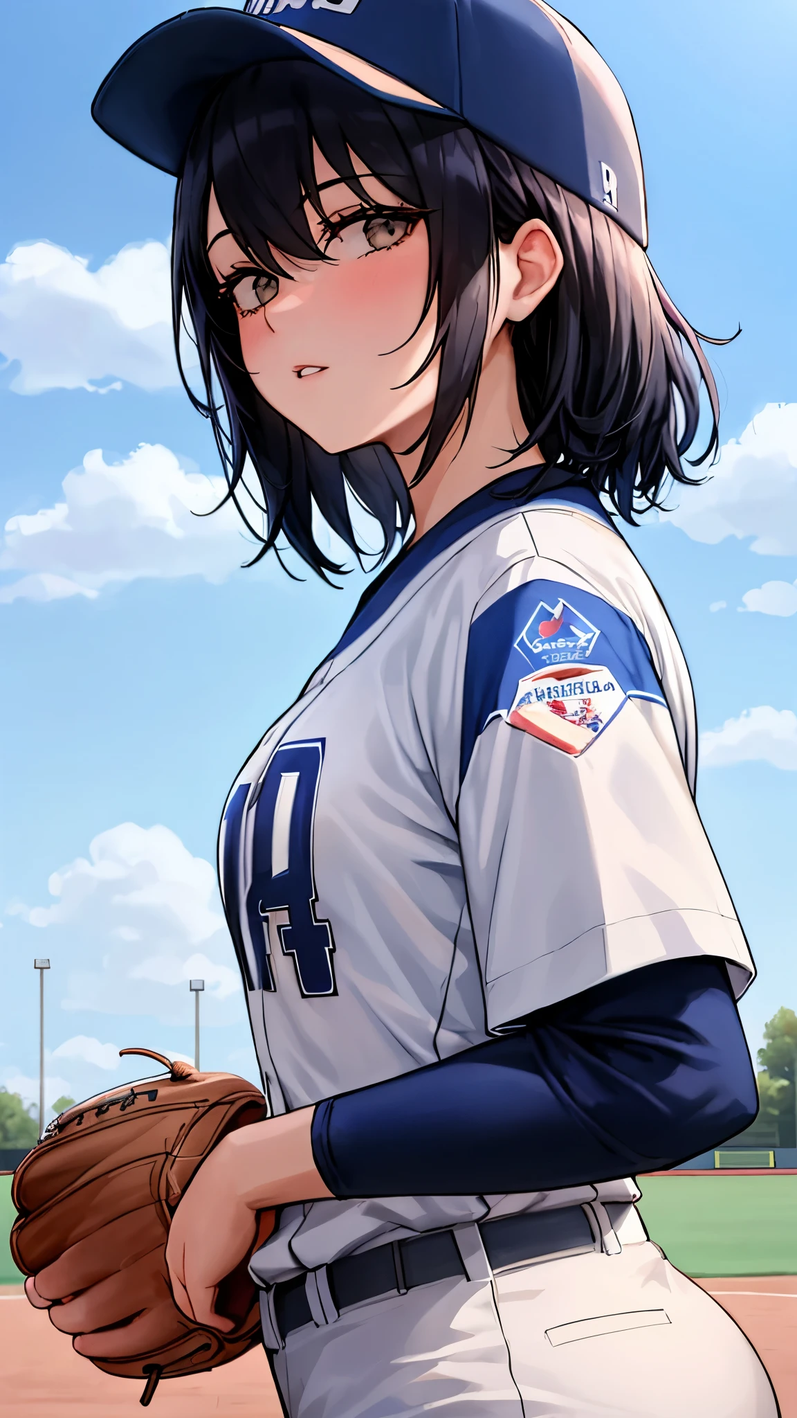 neocoill,  masterpiece, best quality, 1girl, baseball uniform, solo, baseball mitt, baseball cap, hat, baseball, sky, sportswear, cloud, black hair, blue sky, day, holding, shirt, bangs, medium hair, long sleeves, standing, holding ball, outdoors, looking at viewer, parted lips, large breasts, mature female,