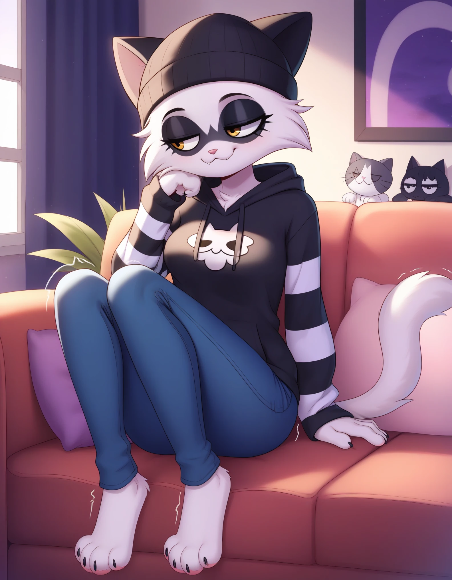 (best quality, masterpiece:1), solo, (shaded face:1.2), furry female anthro meowskulls, (noseless:1.1), sitting on couch, living room, tail, medium breasts, bored, looking away, closed mouth, ((Correct anatomy))), (mocking smile), (shivering:1.2), half-closed eyes, beanie, black hoodie, striped sleeves, black jeans, meowskulls paws, visible feet, (living room background, night)