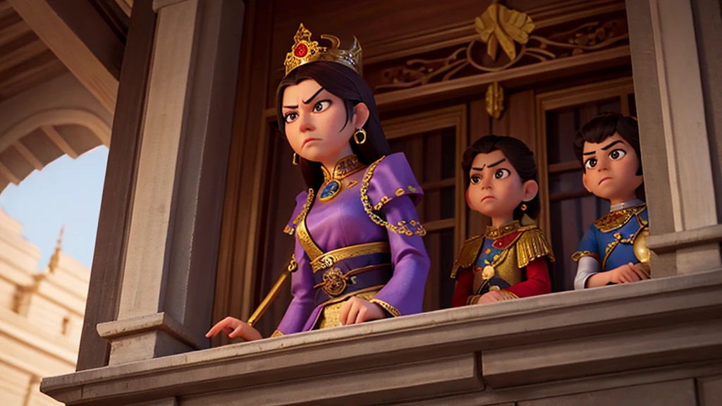 A grand palace with a scowling queen looking down from a balcony. A group of people whispering in the corner.