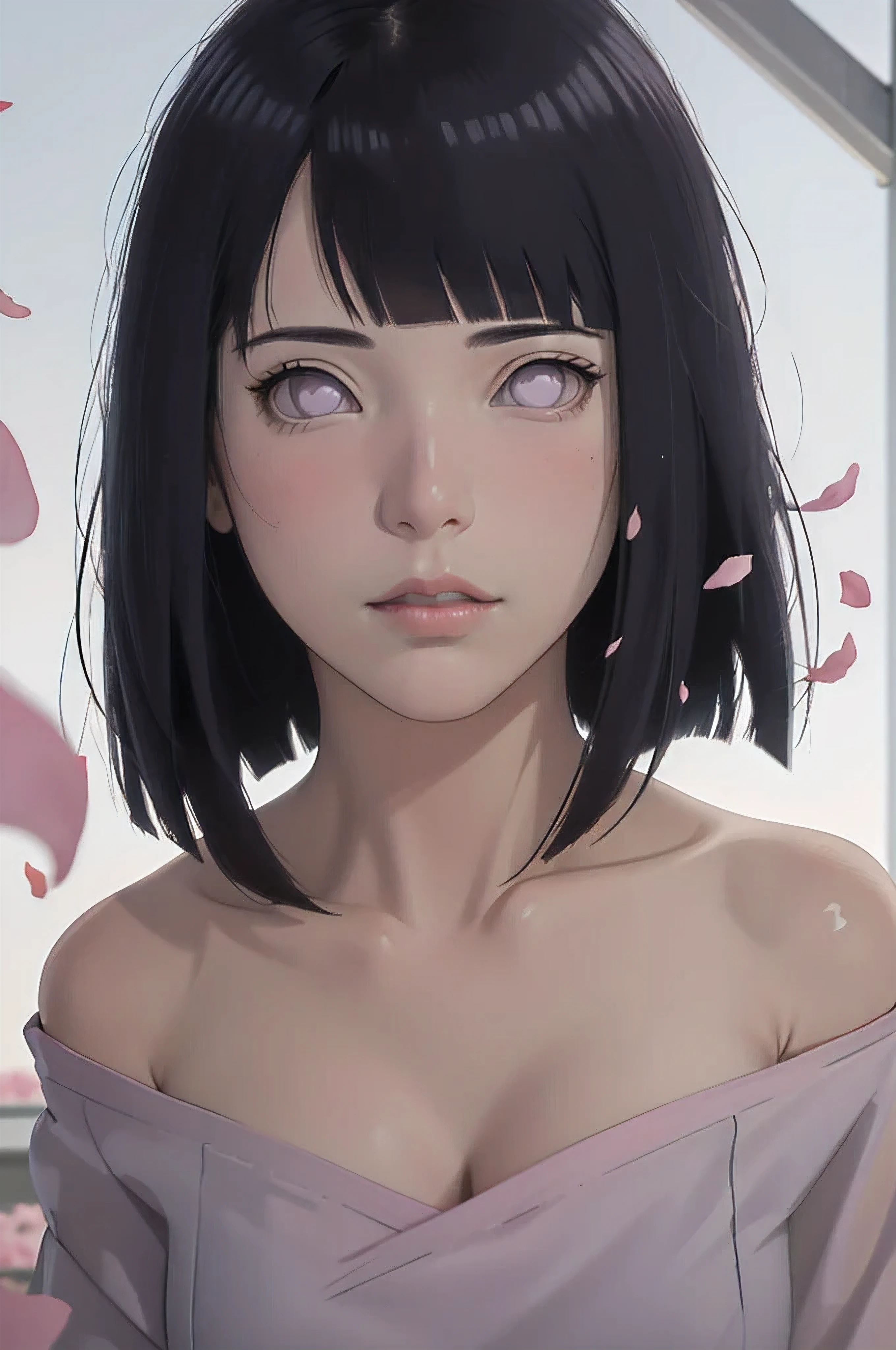 masterpiece, absurdres, hinata\(boruto\), 1girl, solo,mature female, off-shoulder oversized shirt, looking at viewer, (falling petals), perfect composition, detailed lips, big breast, beautiful face, body propotion, blush, (pink lips), long hair, purple eyes, soft gaze, super realistic, detailed, photoshoot, realistic face and body,