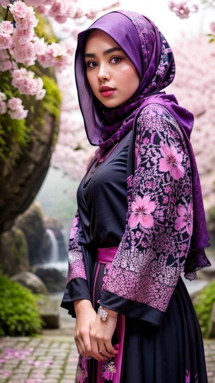 a gorgeous hijab girl in a fuchsia colour scarf, ((and a black gamis dress with abstract printed of pink and purple flowers)), in a misty mountains and in a clean crystal water, chubby, cherry blossom, necklace, bracelet, ring, detailed detail, real skin texture, realistic image, ultra sharp,