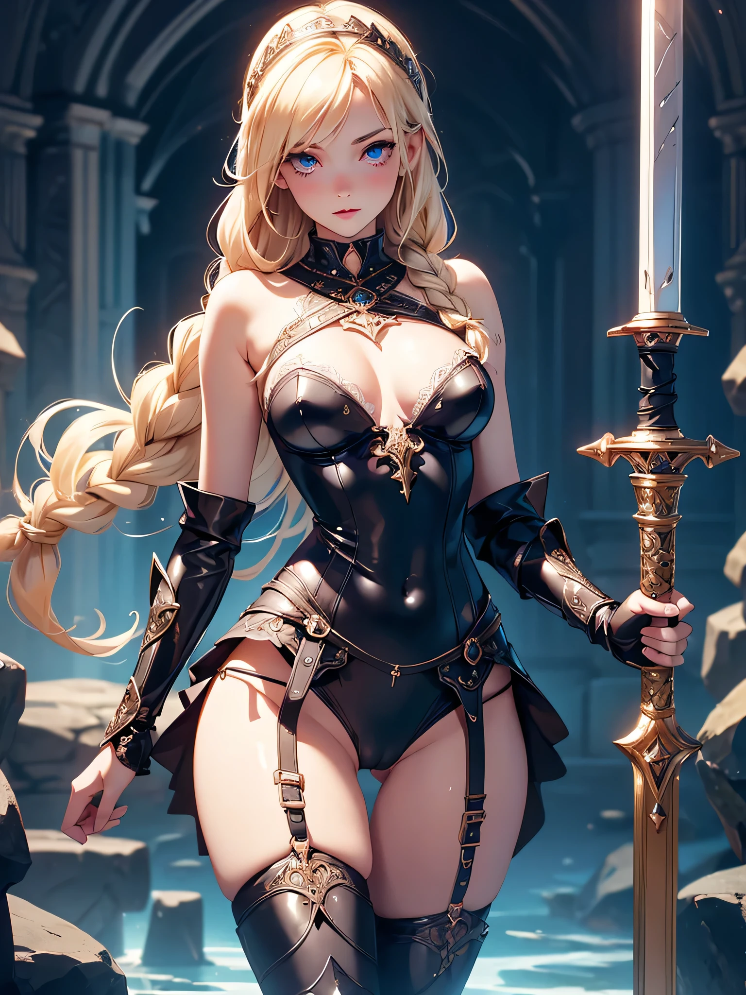 nsfw,Master piece,best quality,ultra-detailed,valkyrie,(1 girl),beautiful girl,panty shot,cameltoe,garter belt,seductive young woman,beautiful breasts,full body,standing,armored dress, (blonde single braid),big blue glowing eyes, (beautiful detailed eyes), cute,cool,pale skin,lips, (holding ornate longsword),(white side-tie panties),fantasy cathedral,(embarrassed),(aroused),black collar,sweat,stand,open legs,Choker with chains,tentacle, sewer, tentacle control