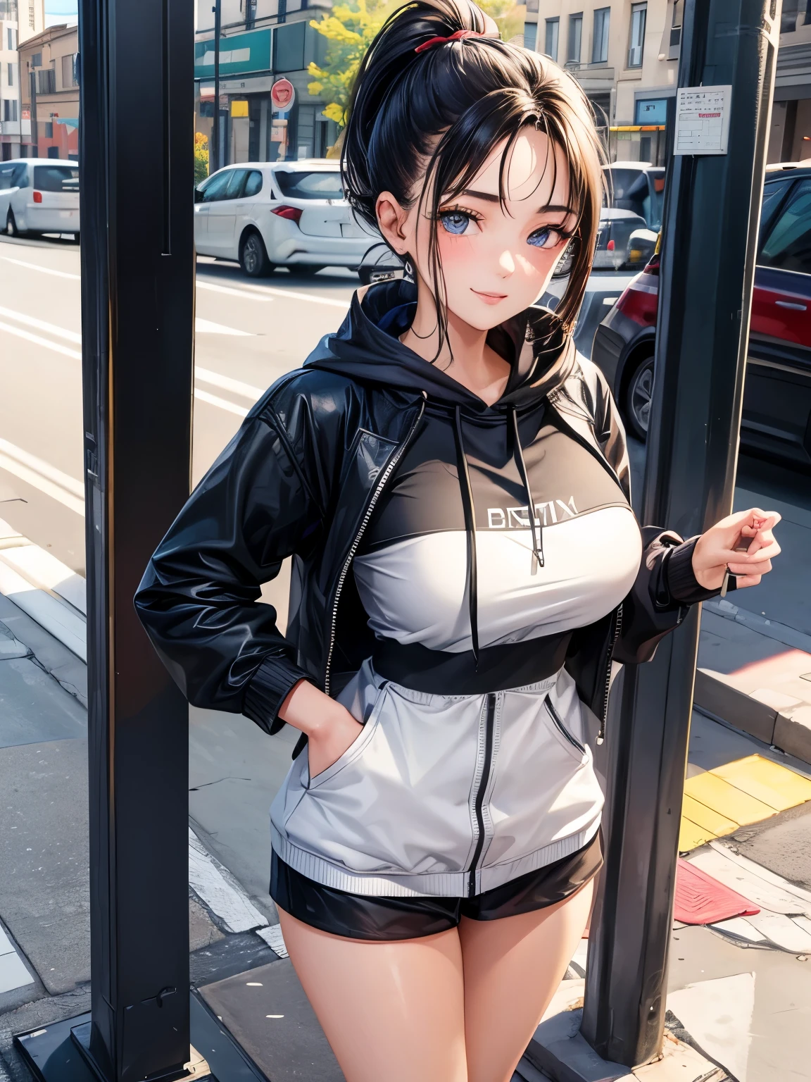 ((best quality)), ((masterpiece)), (detailed), perfect face,(18 years old),(beautiful girl), ponytail,(blackes Braun hair), cute smile (looking at vivers) on a streat road,( full body view),(detailed lips), perfect head ,(detailed face), wers a white hoodi black Stiles short pant that reaches nee, heads in hoodi pocket,(huge breasts),(perfect girl), Korean girl