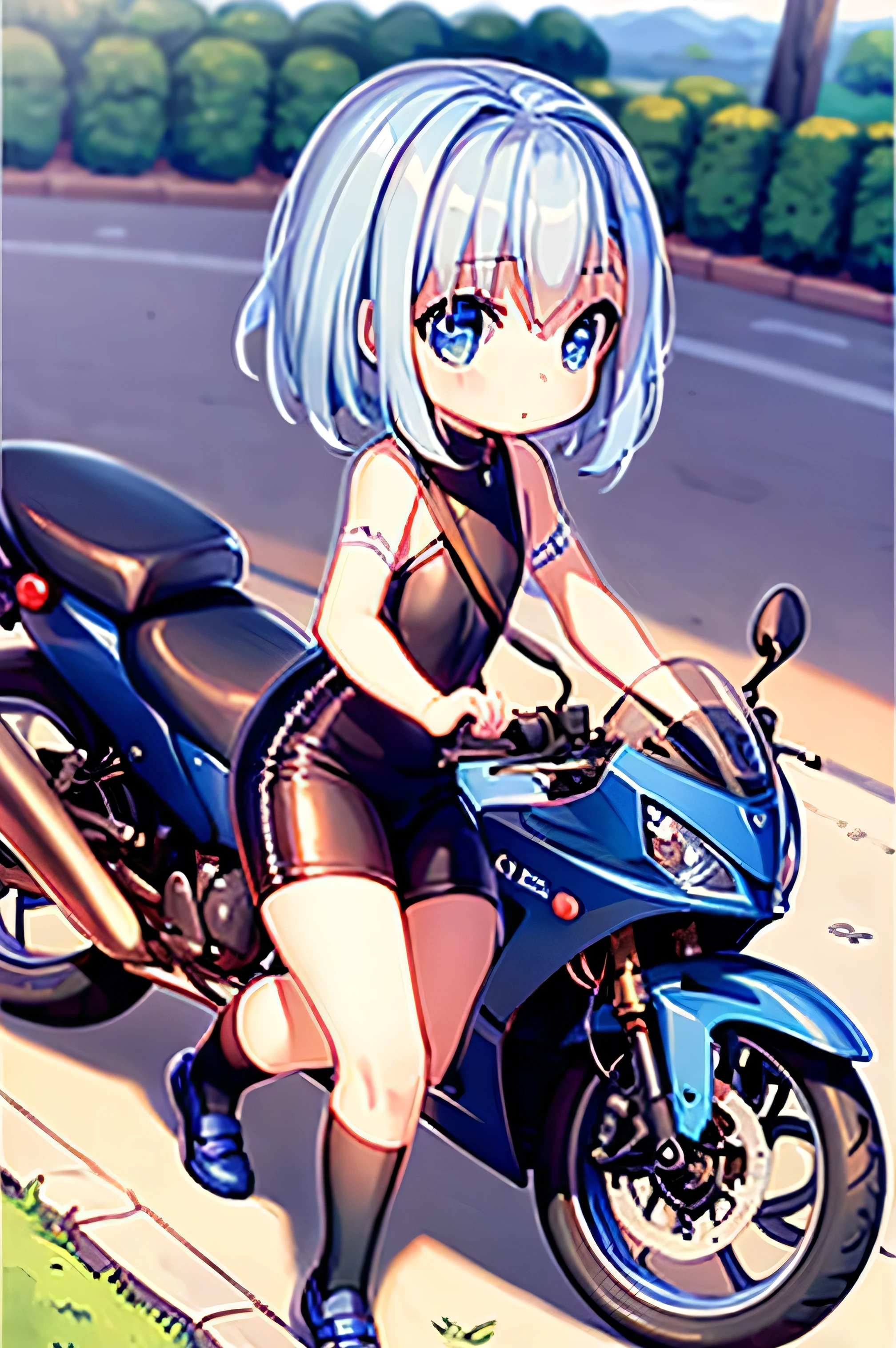 masterpiece, highest quality, Little,One girl(((Blue Eyed Girl))), Chen,Silver Hair,short hair,bike、motorcycle、Katana、art