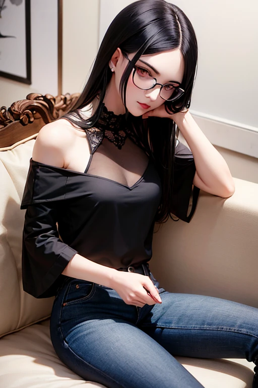 1vampira, shoulder-length black hair, olhos vermelhos, glasses, orelhas pontudas, thin lips, Rosto redondo, seios grandes, usando regata preta e jeans,sitting not sofa