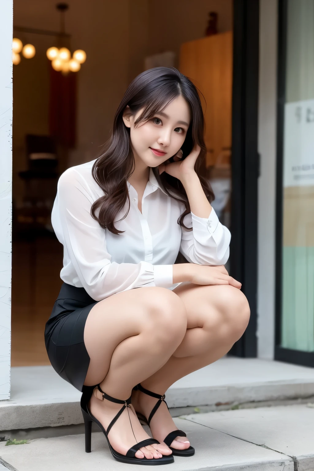 A woman squatting in a white shirt and black skirt, ulzzang-6500-v1.1, (Raw photo:1.2), (Photorealistic), (See-through:1.3), (masterpiece), (Genuine:1.4), Realistic skin texture、Shiny skin、38 years old, 3 6 years old, 28 years old, 29-year-old, 8k)), 32 years old, Ultra-realistic pantyhose、High heels、
