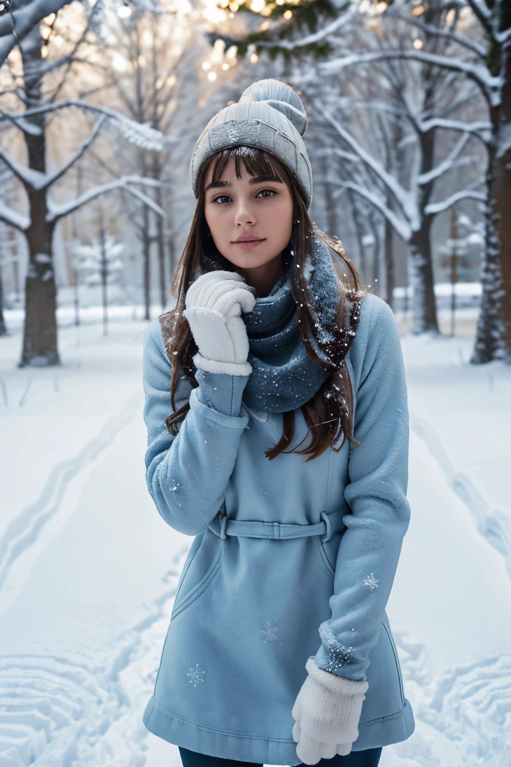 (Best quality, Ultra-detailed: 1.3), Winter landscape, Snowflakes falling, A beautiful girl with straight hair, Wearing a tall, heavy, and skinny blue winter dress, Revealing thin black jeans trousers underneath, Completing the look with tall brown boots, Snow crunching beneath her feet, Detailed facial features with rosy cheeks, Pure winter beauty, High contrast lighting, Snowy backdrop, Sharp focus on her face, Soft bokeh effect on the snowy surroundings, (Deep winter: 1.5), Luminescent snow, Frosty breath visible, Glistening wet hair, (Fashionable and stylish: 1