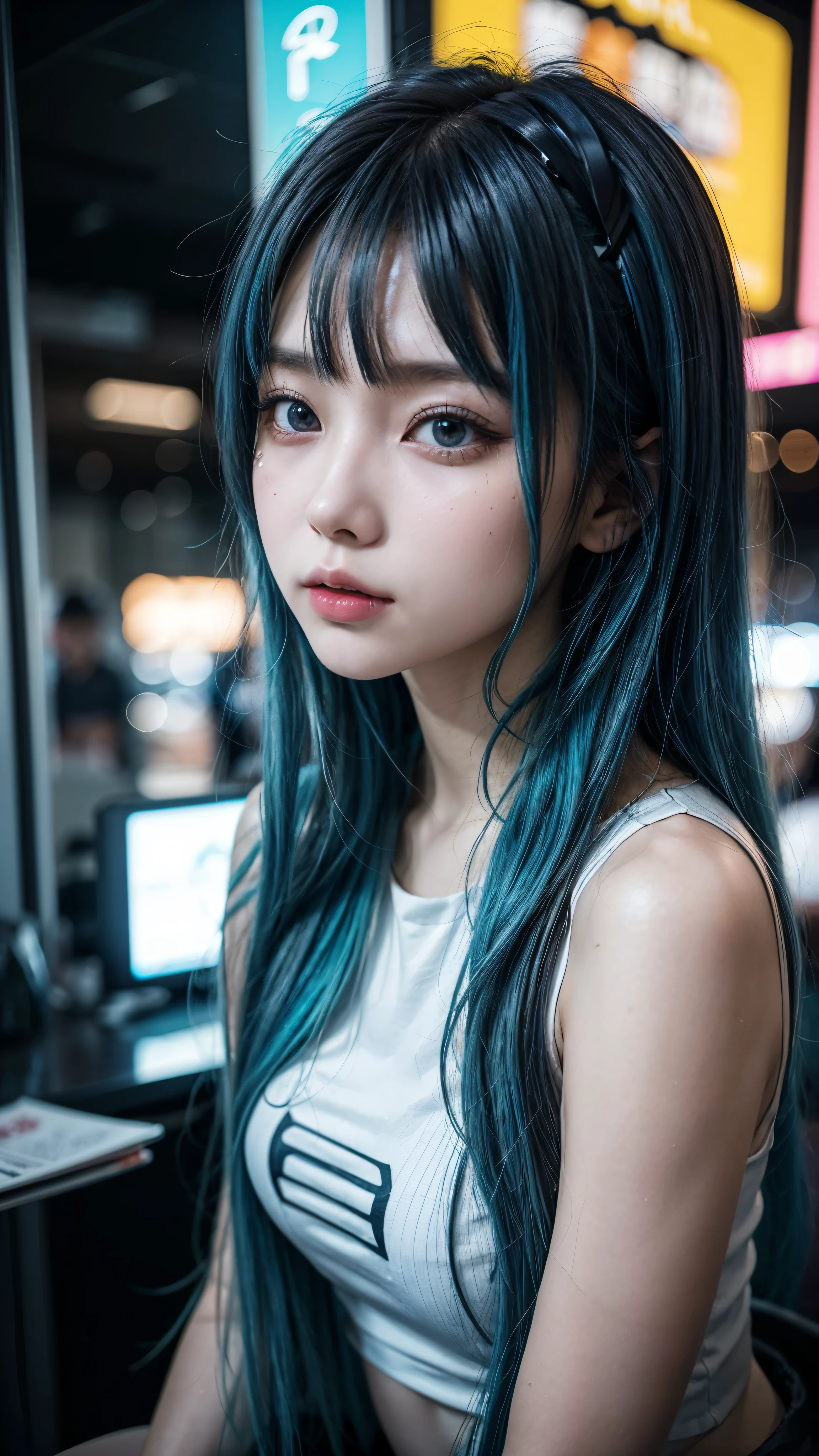 there is a woman with a blue hair and a white top, anime girl cosplay, inspired by Leng Mei, photo of slim girl model, anime girl in real life, seductive anime girl, cyberpunk 2 0 y. o model girl, chinese girl, female cyberpunk anime girl, photo of slim girl, beautiful cyberpunk woman model, anime cosplay, cosplay photo, cosplay